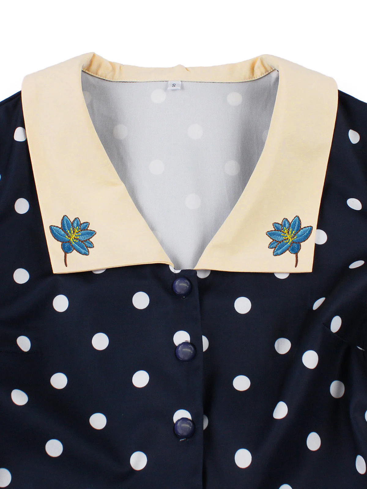 Blue 1950s Polka Dot Embroidered Floral Swing Dress - Image 6