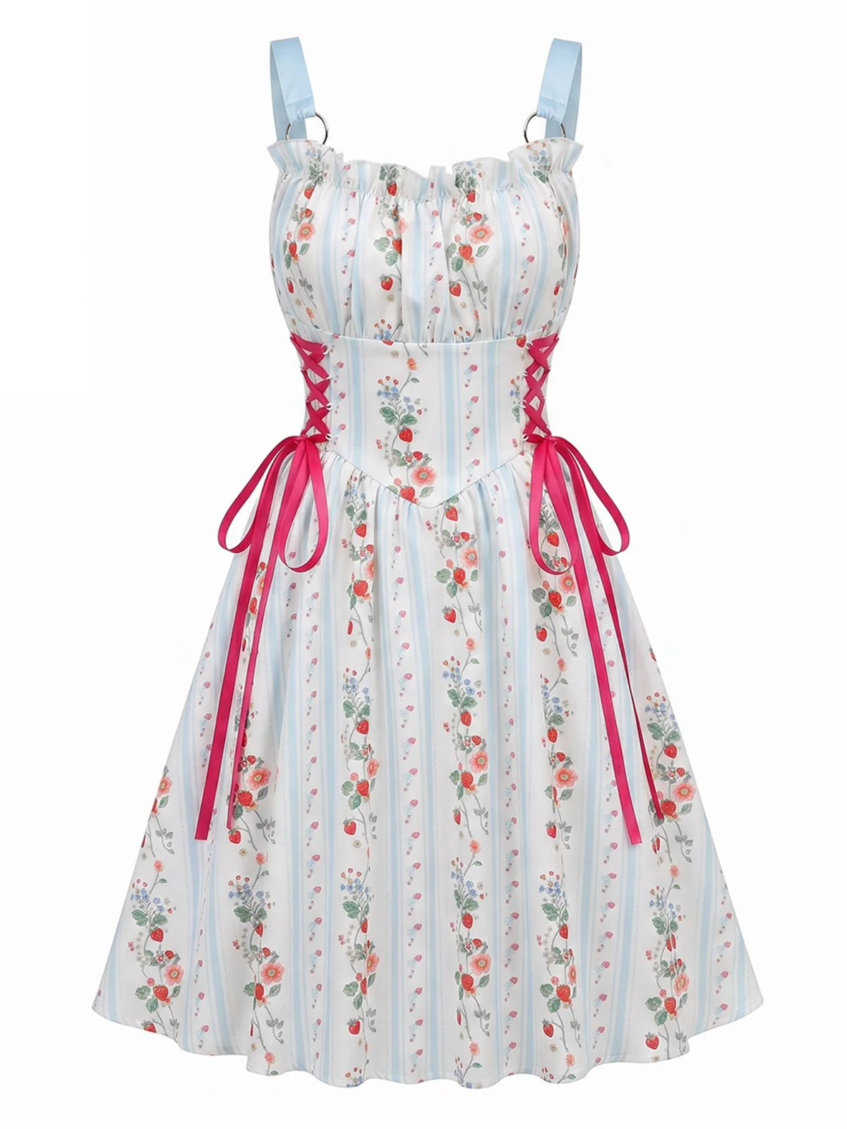 Blue 1950s Ruffled Square Neck Sleeveless Floral Swing Dress