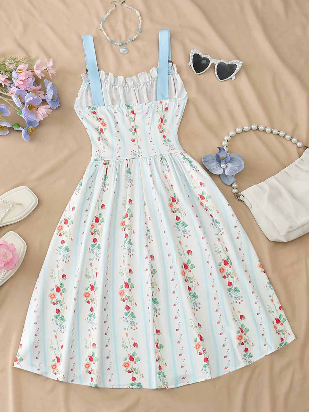 Blue 1950s Ruffled Square Neck Sleeveless Floral Swing Dress - Image 2