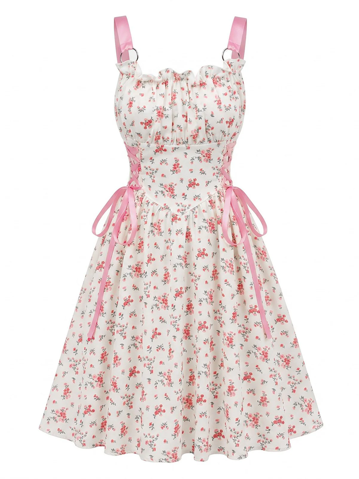 Blue 1950s Ruffled Square Neck Sleeveless Floral Swing Dress - Image 21