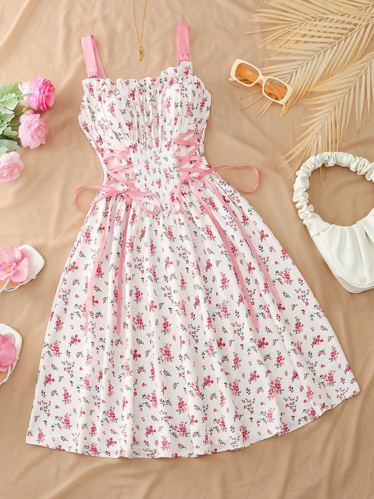 Blue 1950s Ruffled Square Neck Sleeveless Floral Swing Dress - Image 22