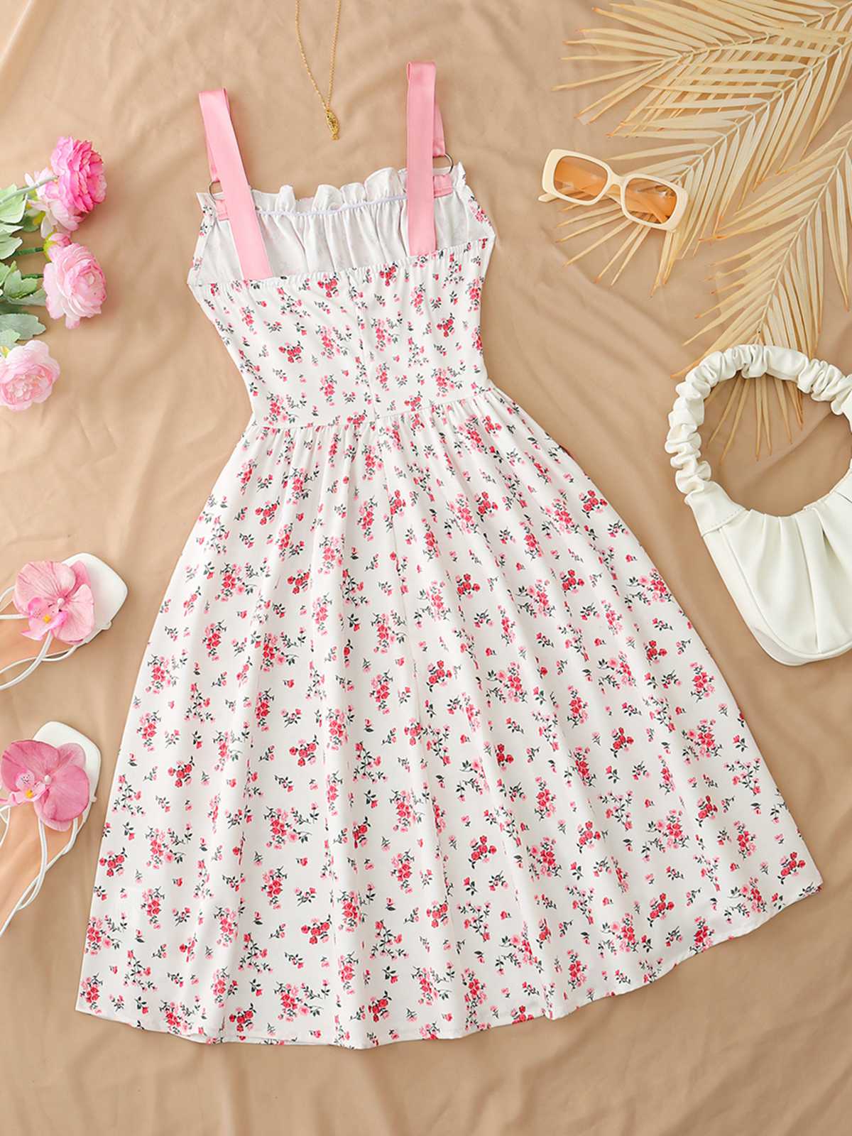 Blue 1950s Ruffled Square Neck Sleeveless Floral Swing Dress - Image 23