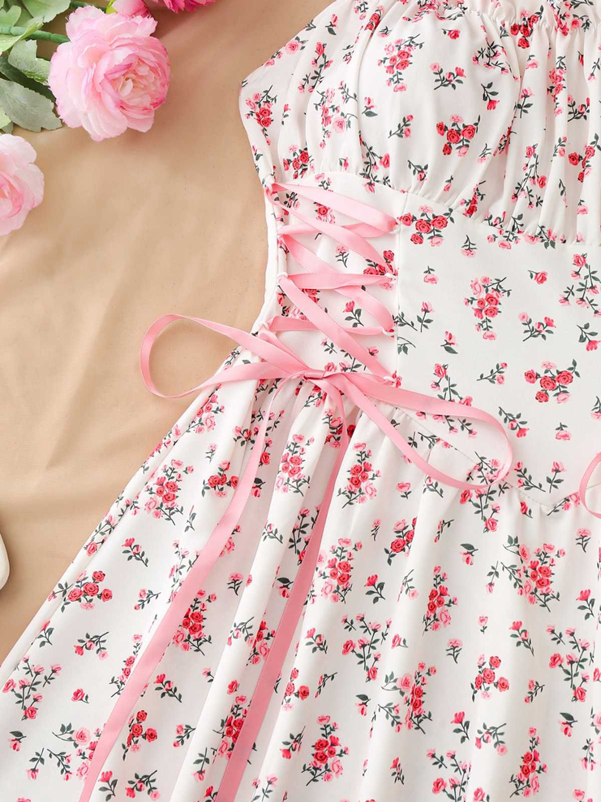 Blue 1950s Ruffled Square Neck Sleeveless Floral Swing Dress - Image 26
