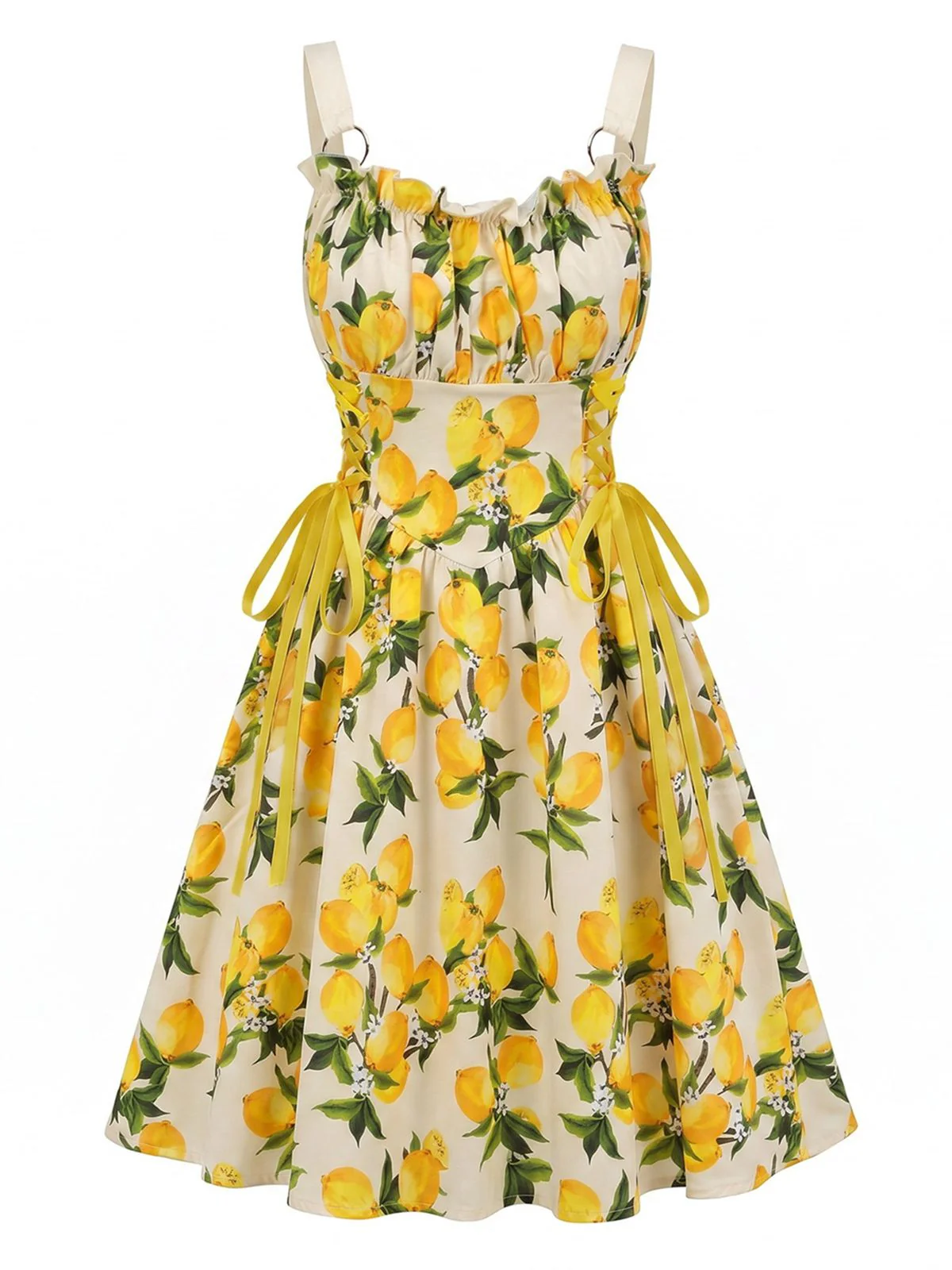 Blue 1950s Ruffled Square Neck Sleeveless Floral Swing Dress - Image 28