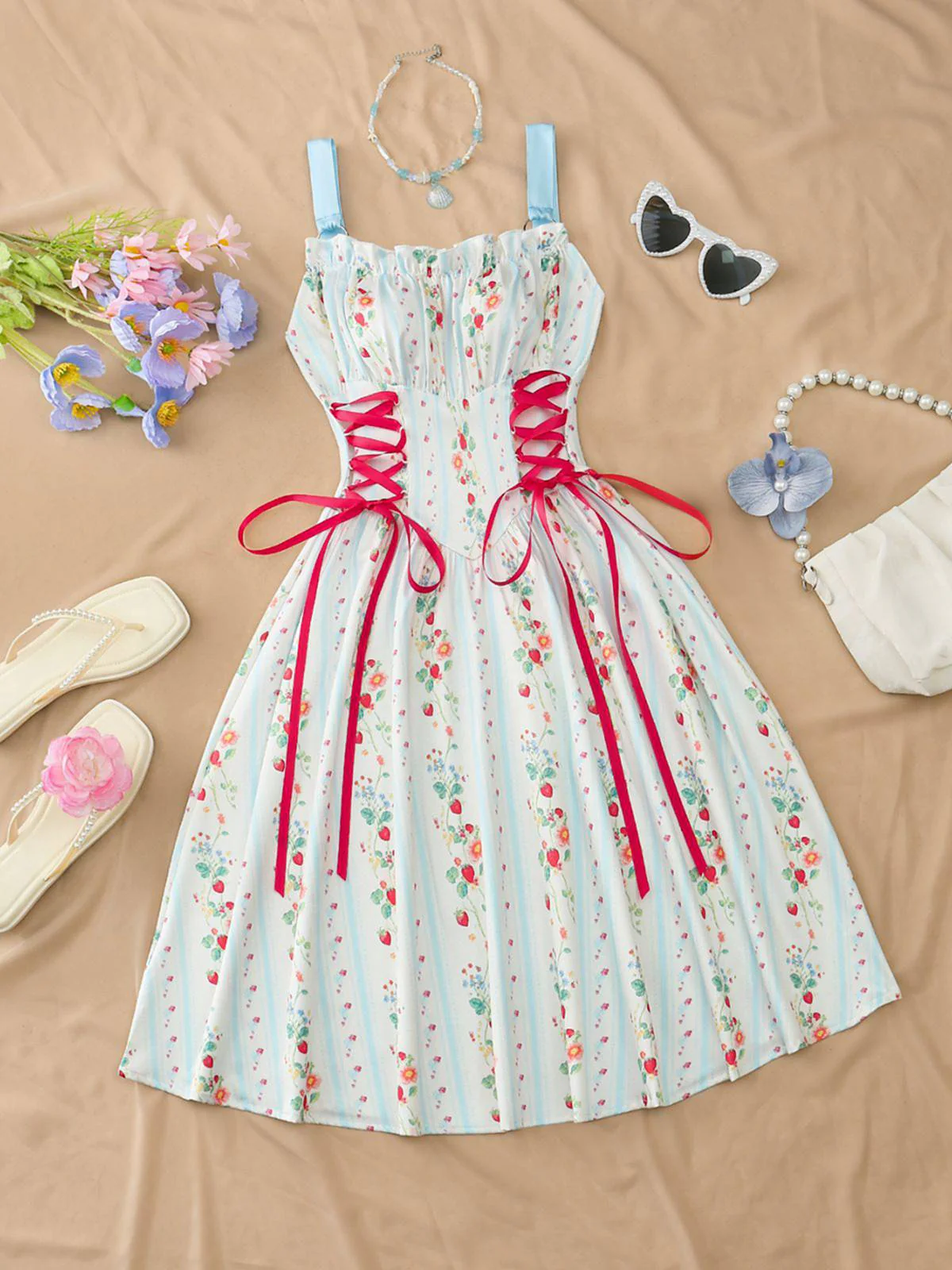 Blue 1950s Ruffled Square Neck Sleeveless Floral Swing Dress - Image 3