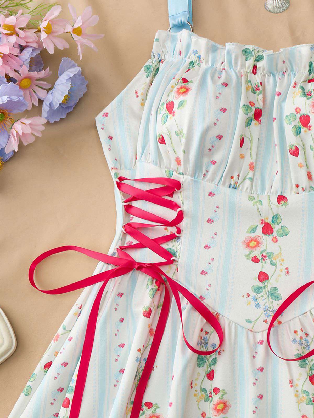 Blue 1950s Ruffled Square Neck Sleeveless Floral Swing Dress - Image 4