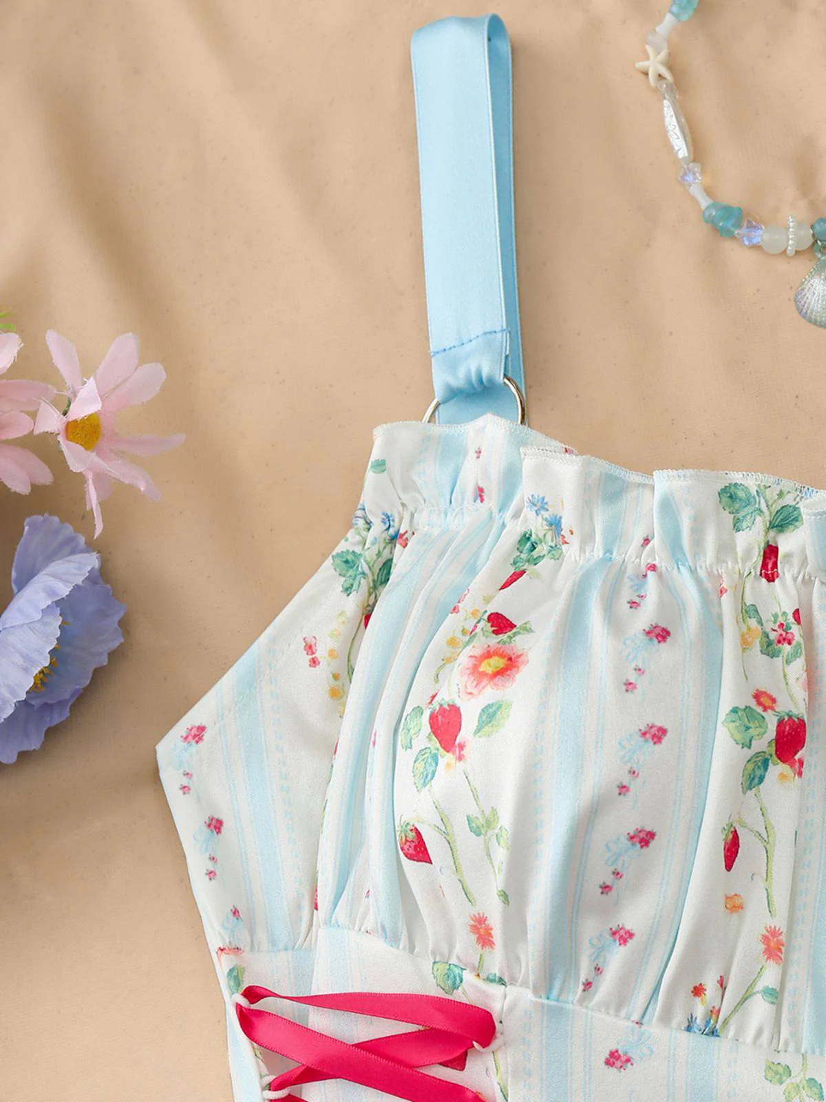 Blue 1950s Ruffled Square Neck Sleeveless Floral Swing Dress - Image 5
