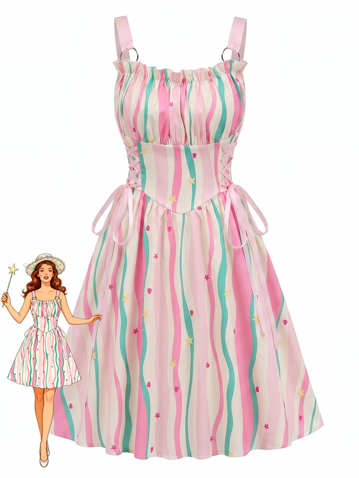 Blue 1950s Ruffled Square Neck Sleeveless Floral Swing Dress - Image 6