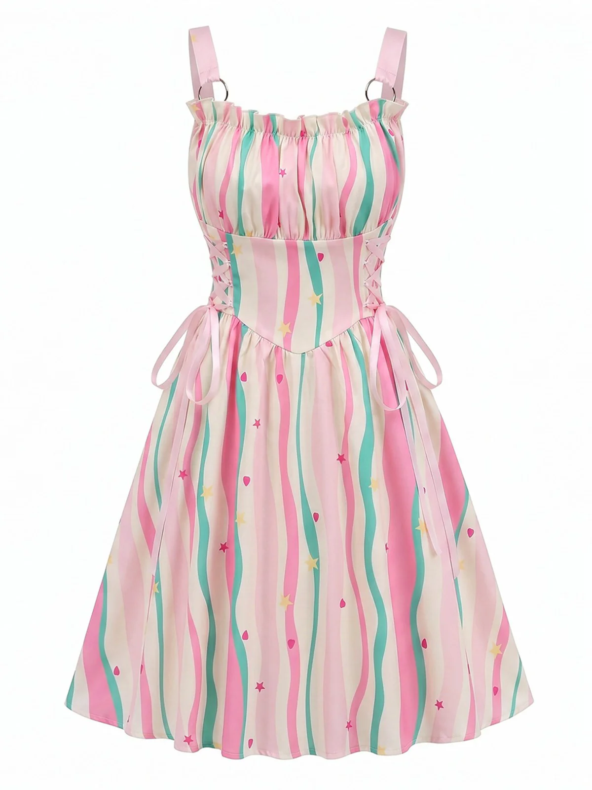 Blue 1950s Ruffled Square Neck Sleeveless Floral Swing Dress - Image 7