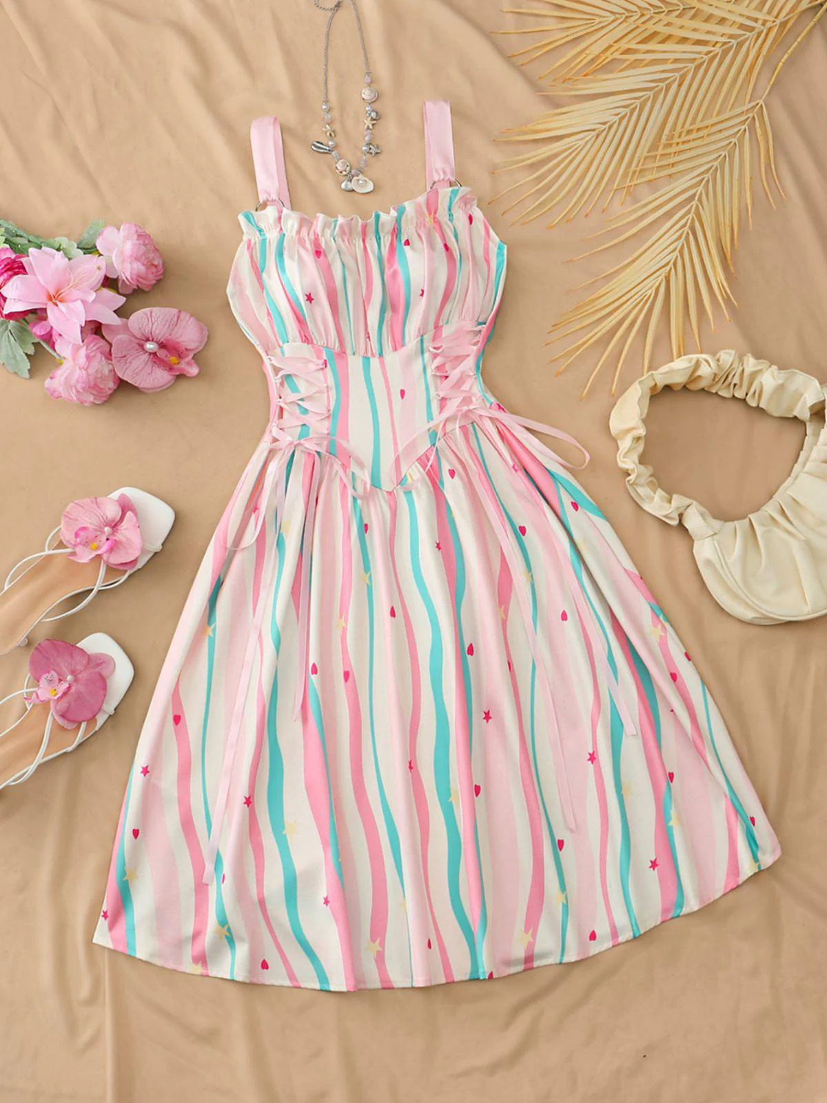 Blue 1950s Ruffled Square Neck Sleeveless Floral Swing Dress - Image 8