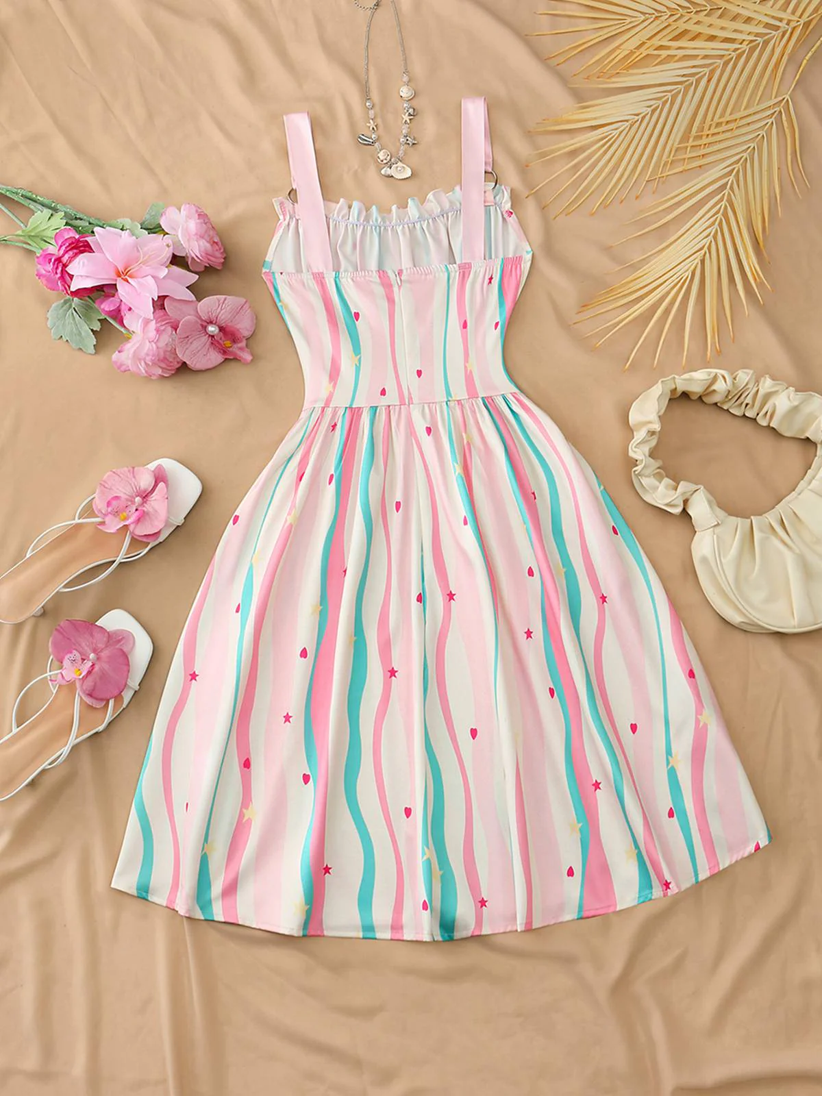 Blue 1950s Ruffled Square Neck Sleeveless Floral Swing Dress - Image 9