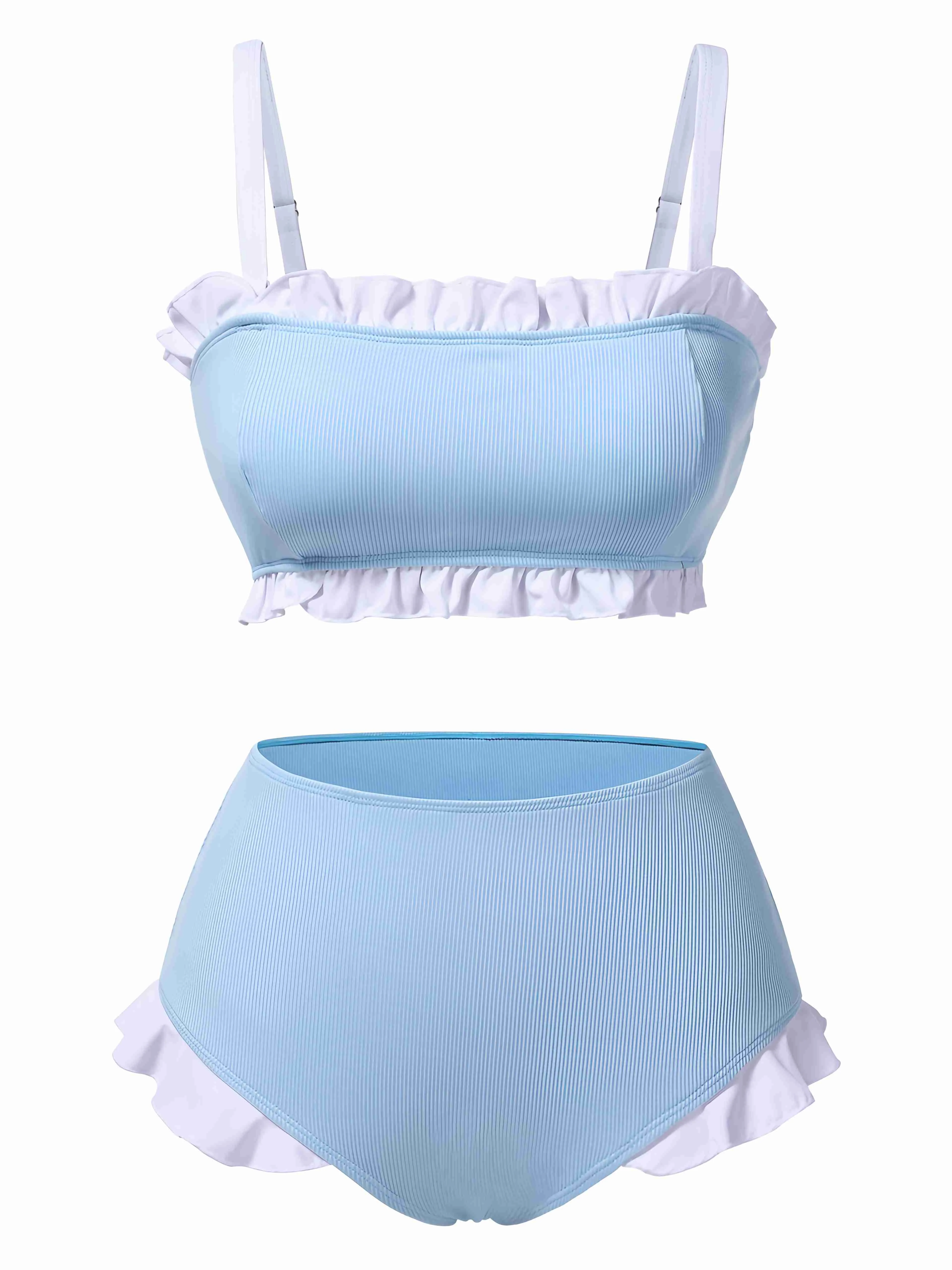 Blue 1950s Ruffled Strap Swimsuit