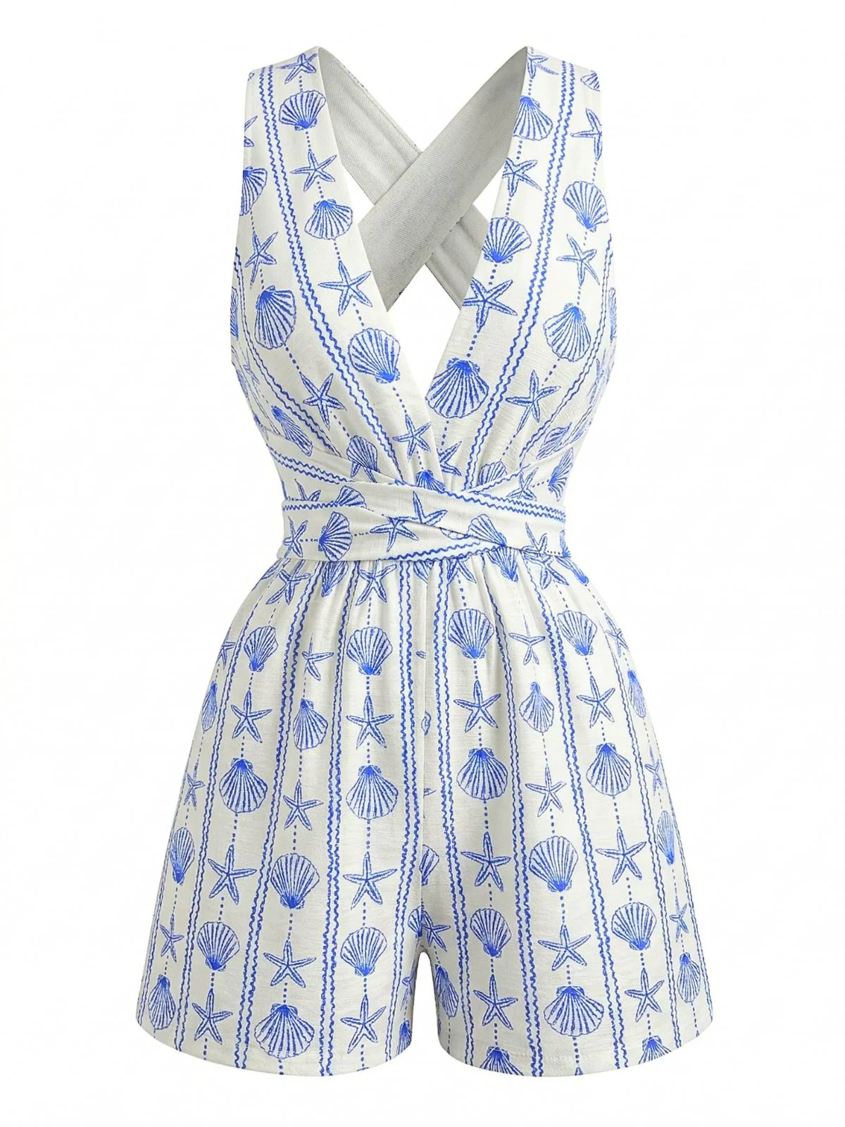 Blue 1950s Shell Print Cross-Back V-Neck Romper - Image 2
