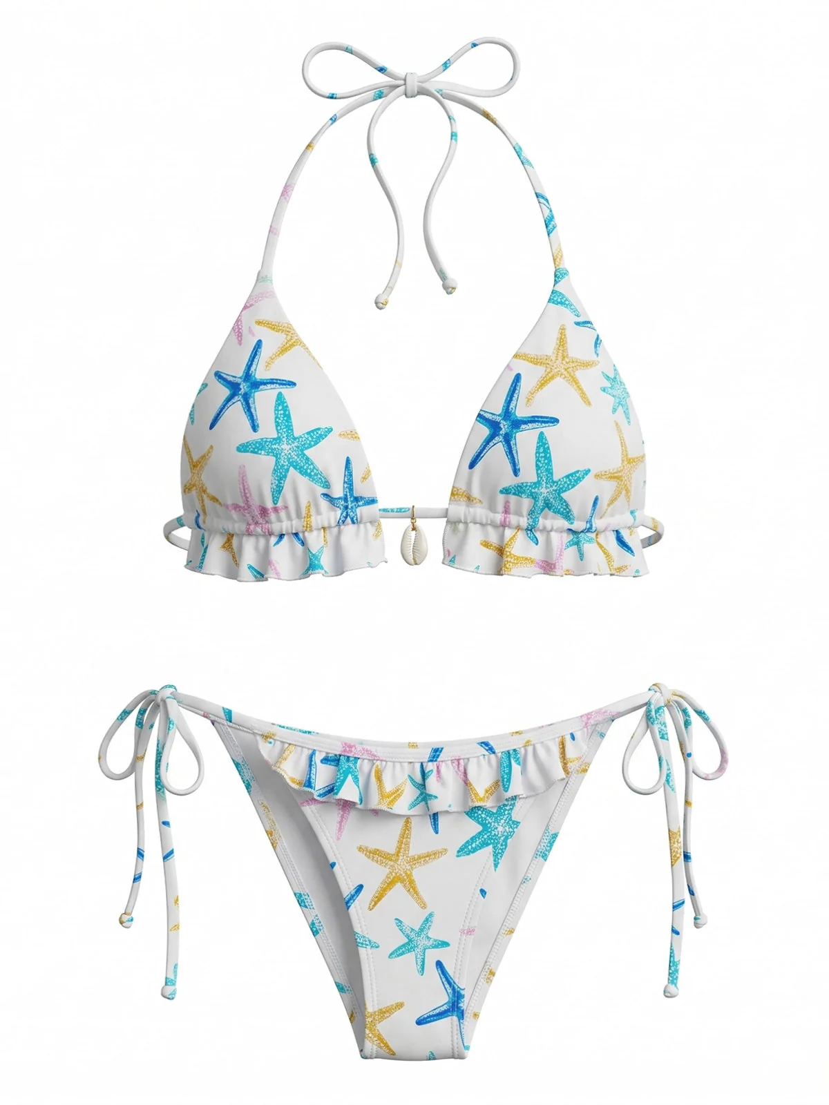 Blue 1950s Starfish Print Halter Ruffled Bikini Set - Image 2
