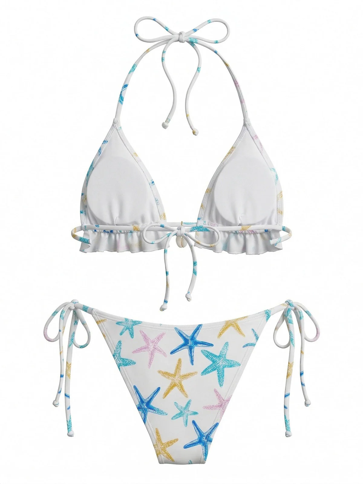 Blue 1950s Starfish Print Halter Ruffled Bikini Set - Image 3