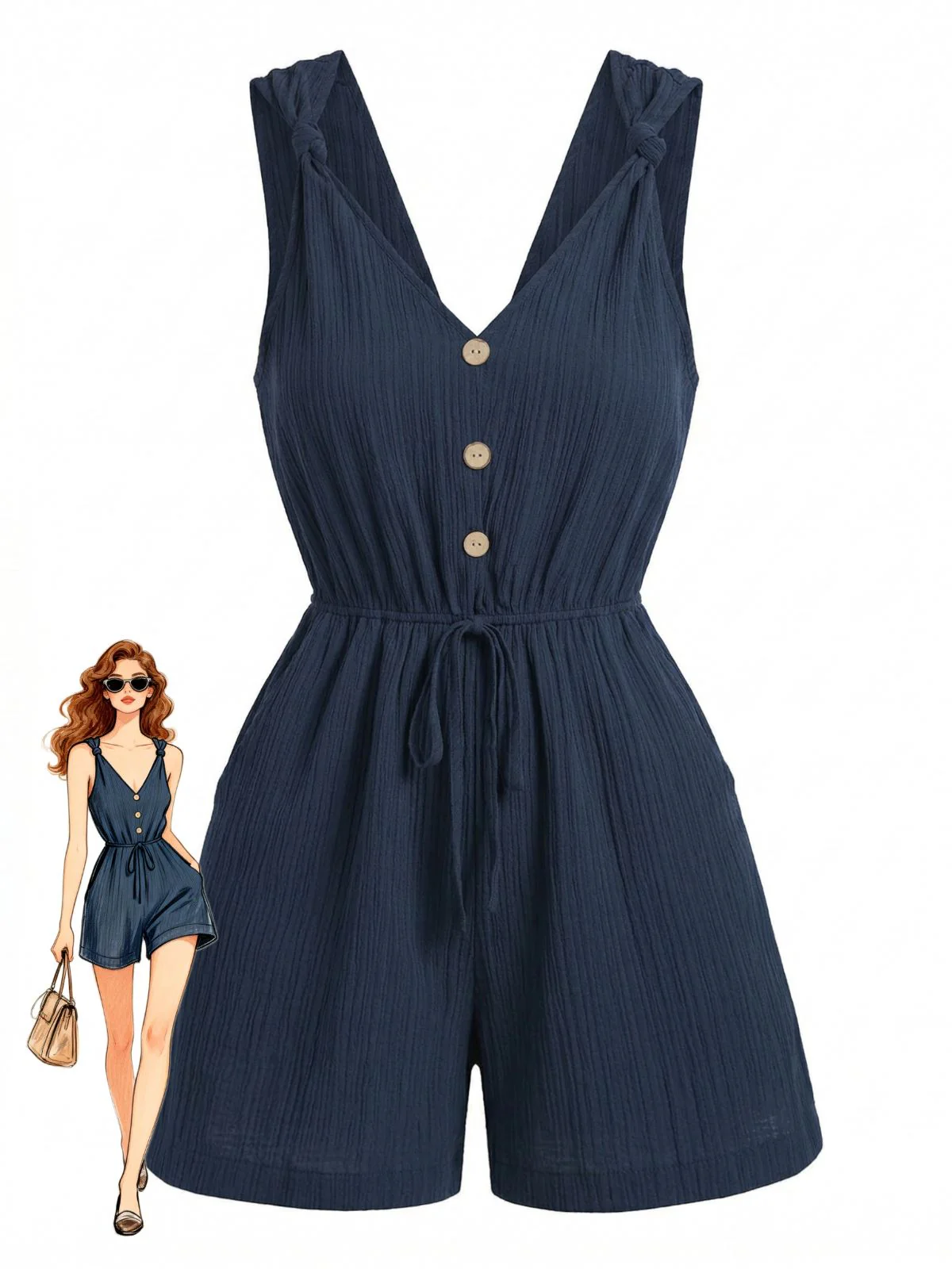 Blue 1950s V-Neck Knotted Strap Button Front Romper