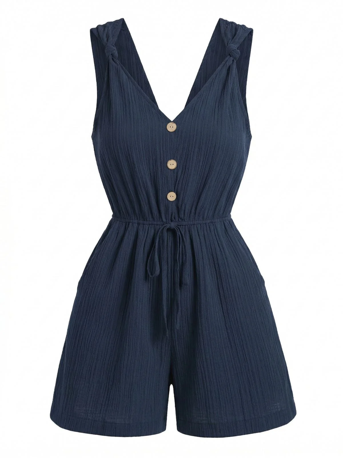 Blue 1950s V-Neck Knotted Strap Button Front Romper - Image 2