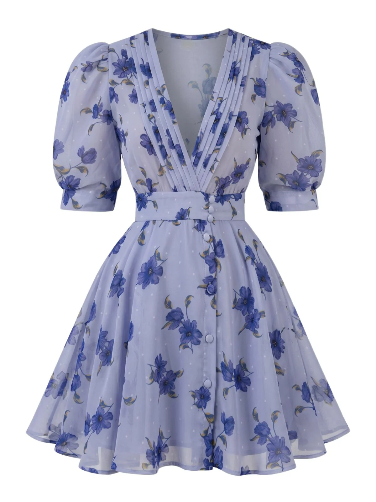 Blue 1950s V-Neck Puff Sleeve High Waist Floral Dress