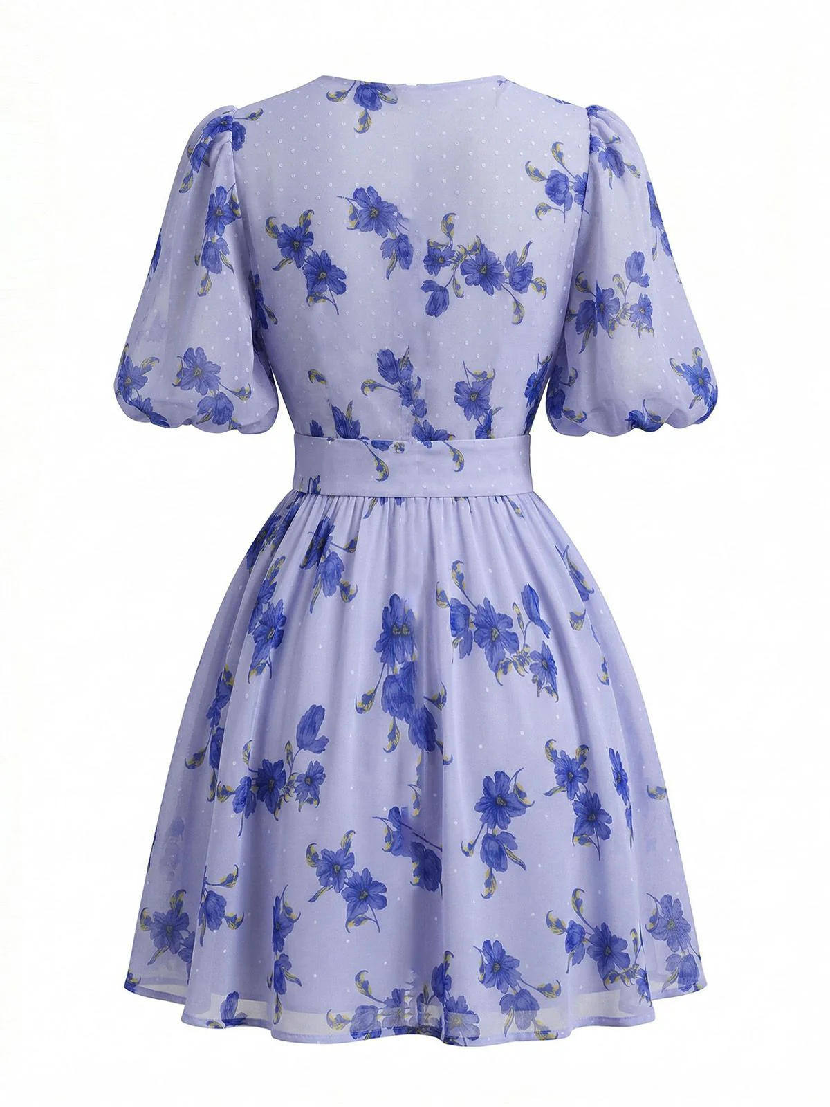 Blue 1950s V-Neck Puff Sleeve High Waist Floral Dress - Image 3