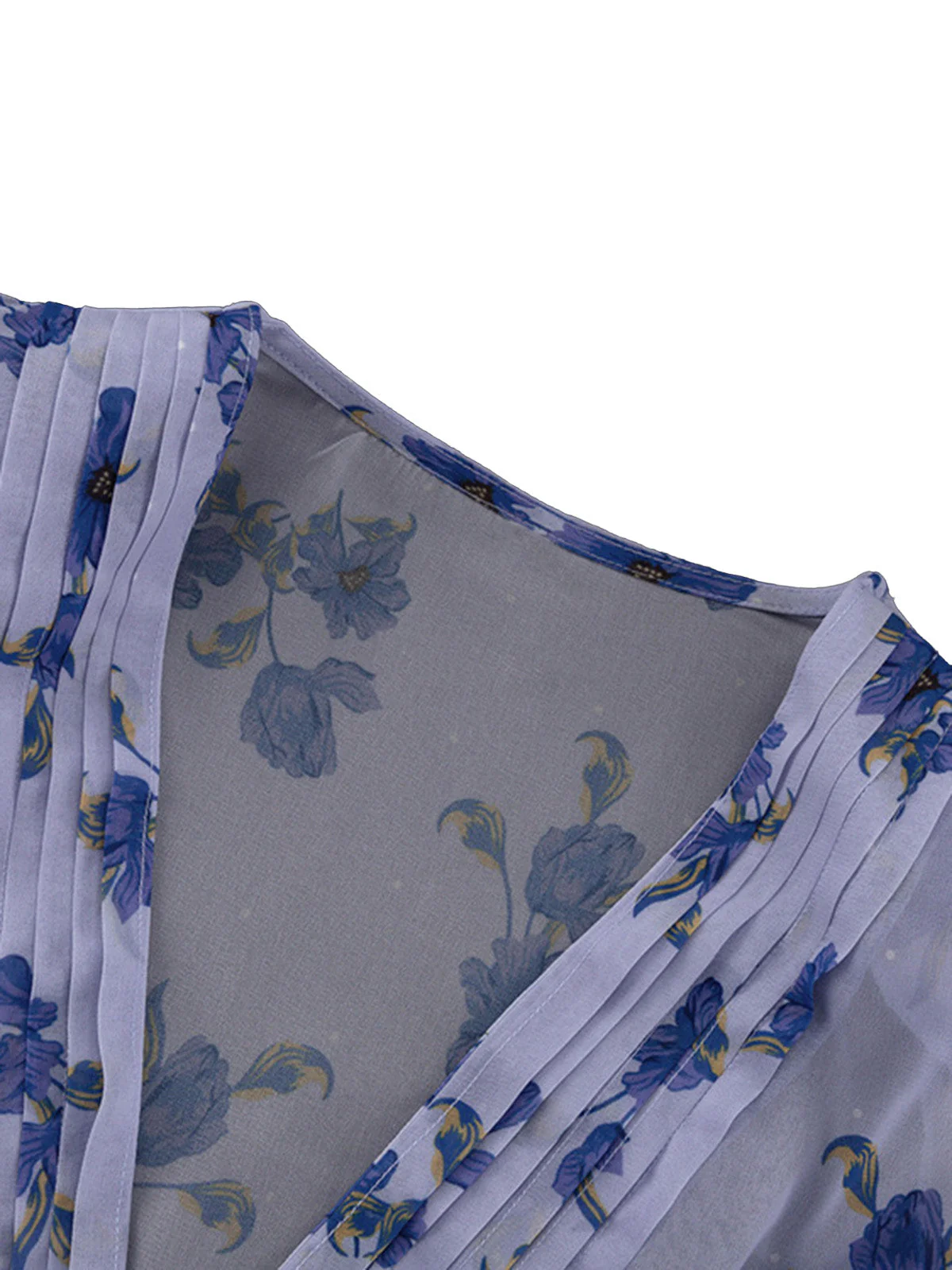 Blue 1950s V-Neck Puff Sleeve High Waist Floral Dress - Image 4