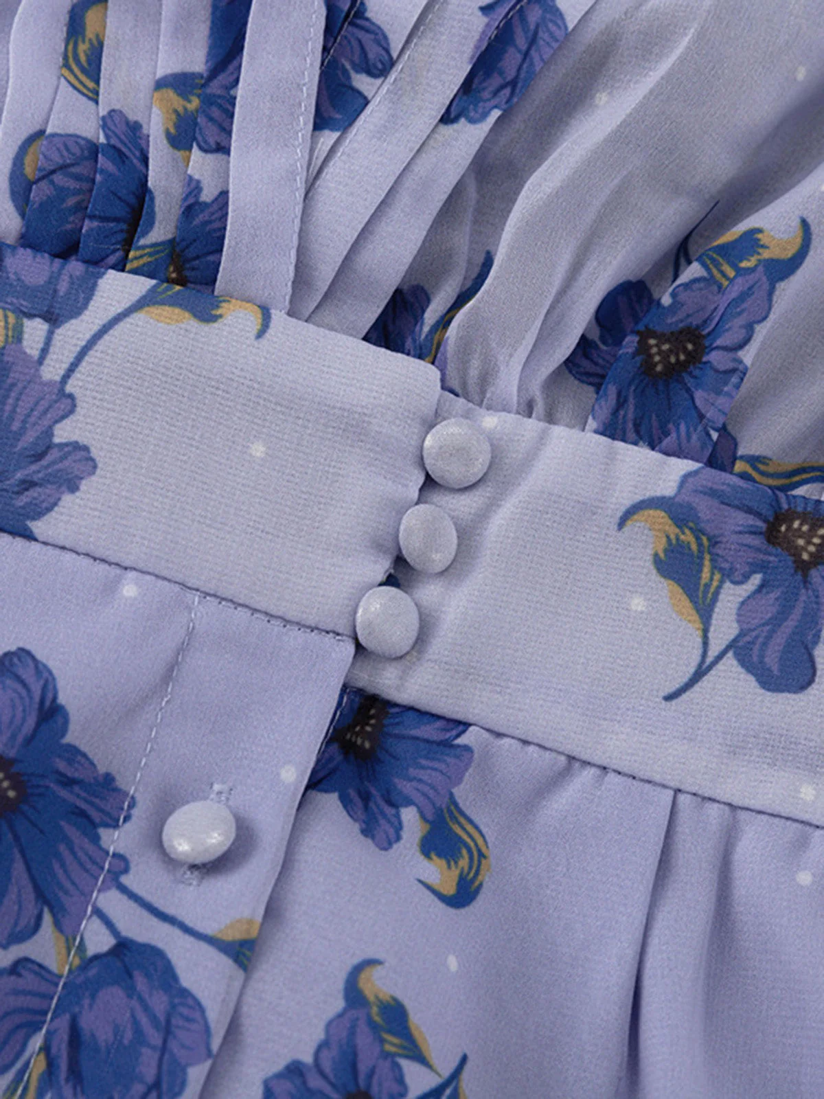 Blue 1950s V-Neck Puff Sleeve High Waist Floral Dress - Image 5