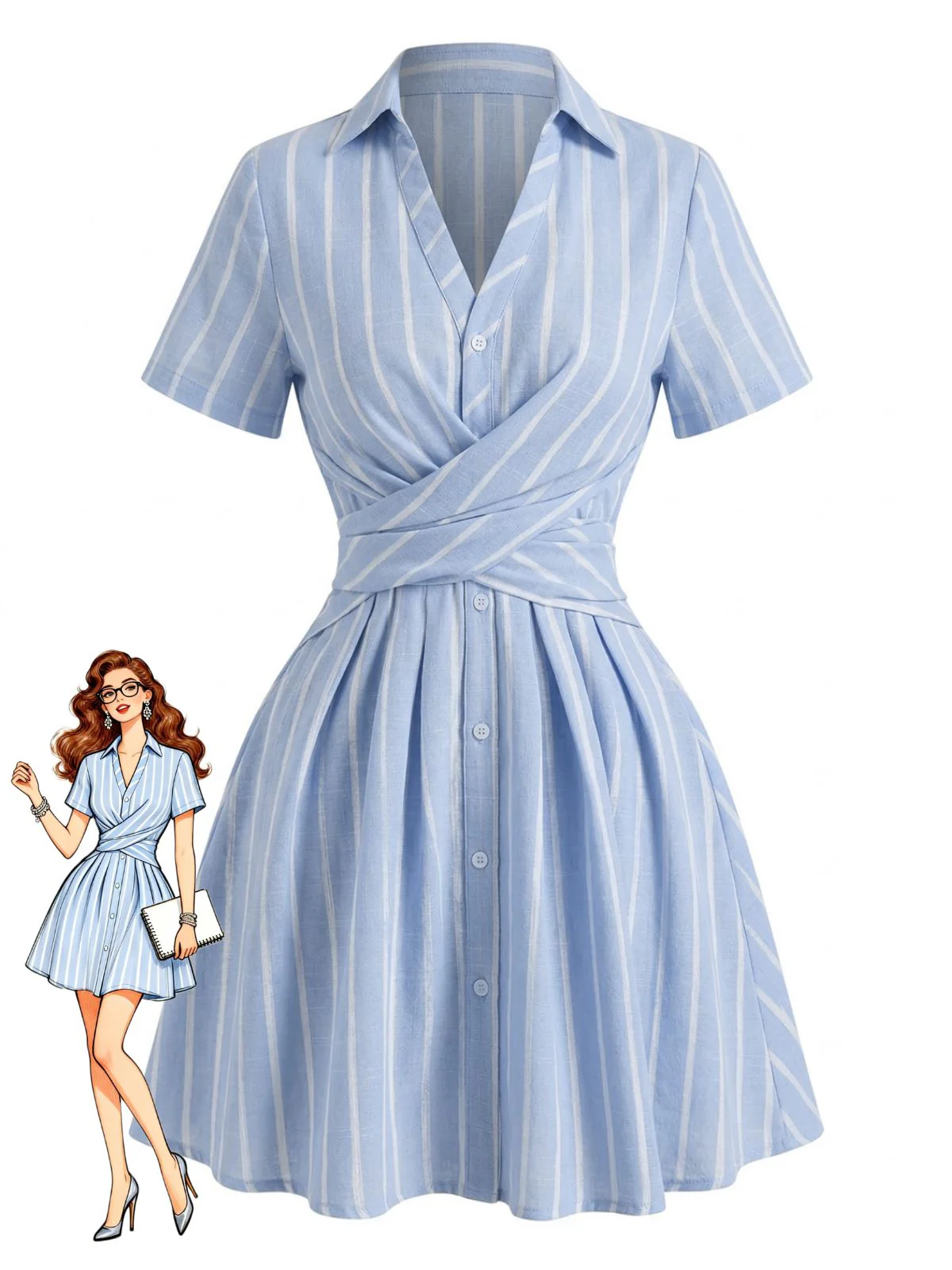 [Pre-Sale] Blue 1950s Vertical Striped Johnny Collar Criss-Cross Dress