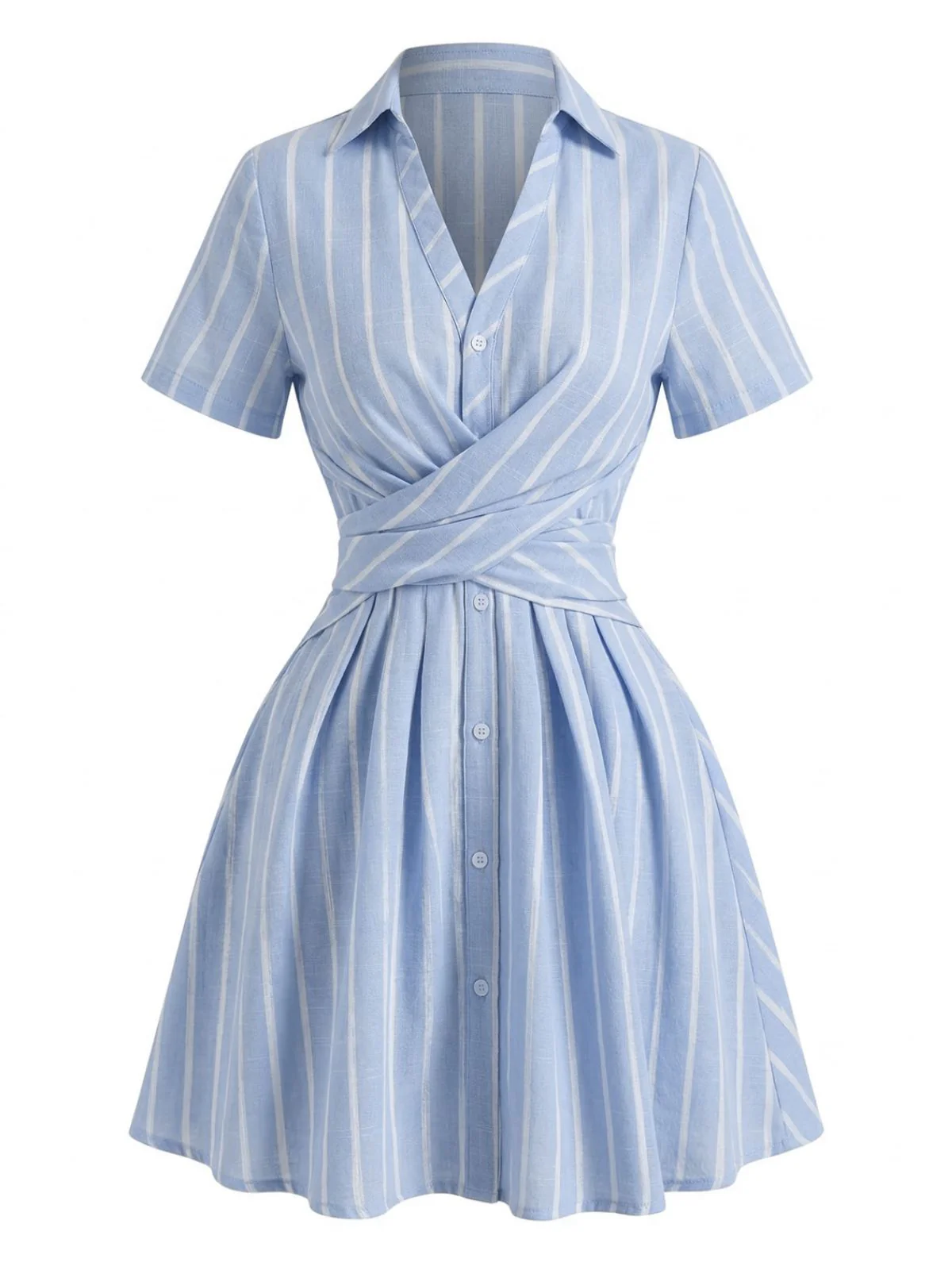 [Pre-Sale] Blue 1950s Vertical Striped Johnny Collar Criss-Cross Dress - Image 2