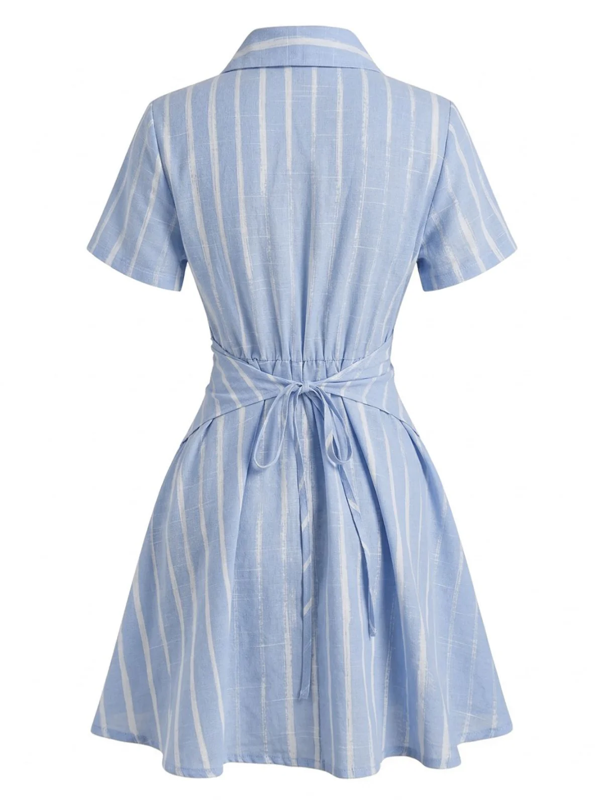 [Pre-Sale] Blue 1950s Vertical Striped Johnny Collar Criss-Cross Dress - Image 3