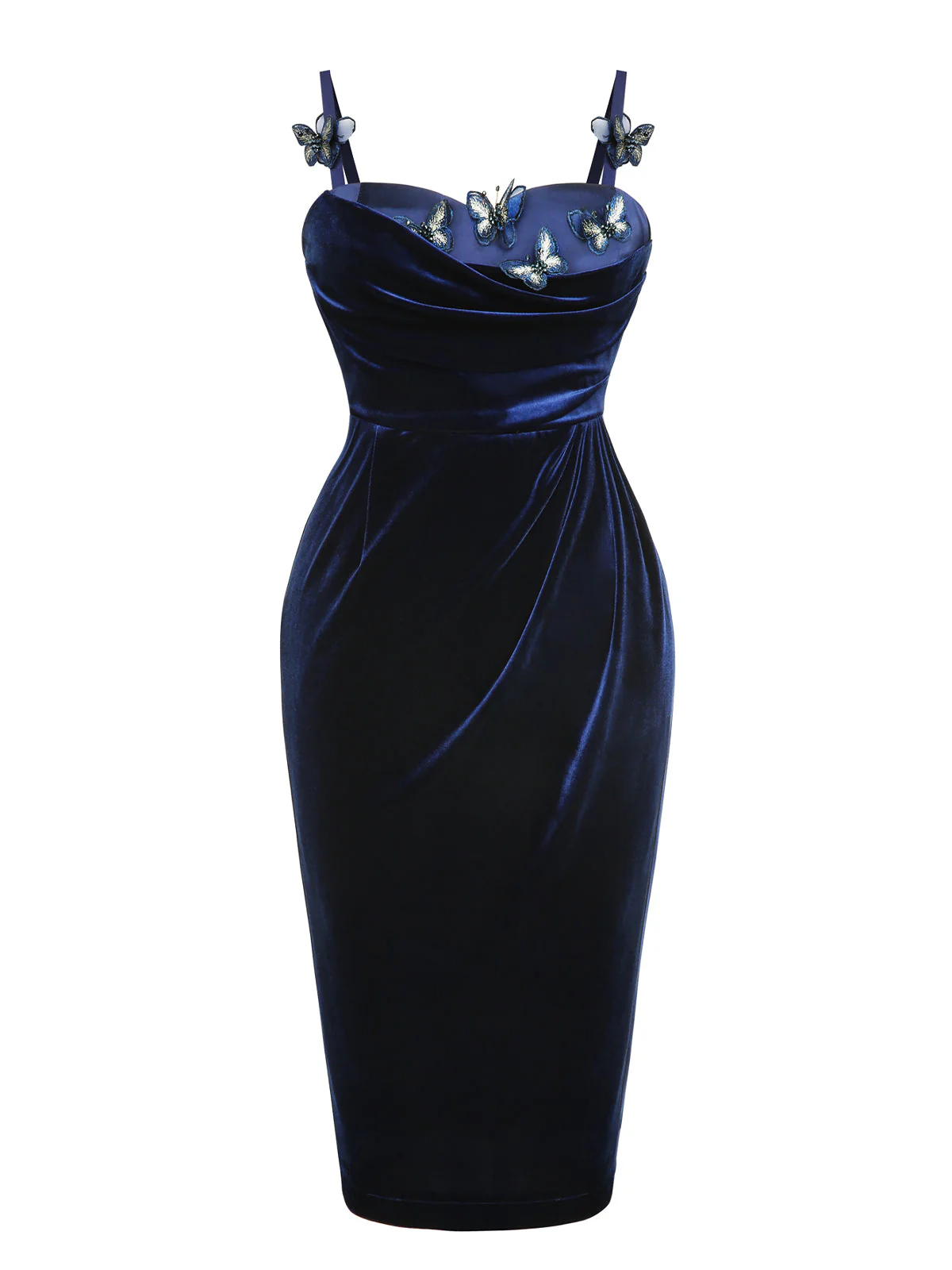 Blue 1960s 3D Butterfly Velvet Pencil Dress - Image 3