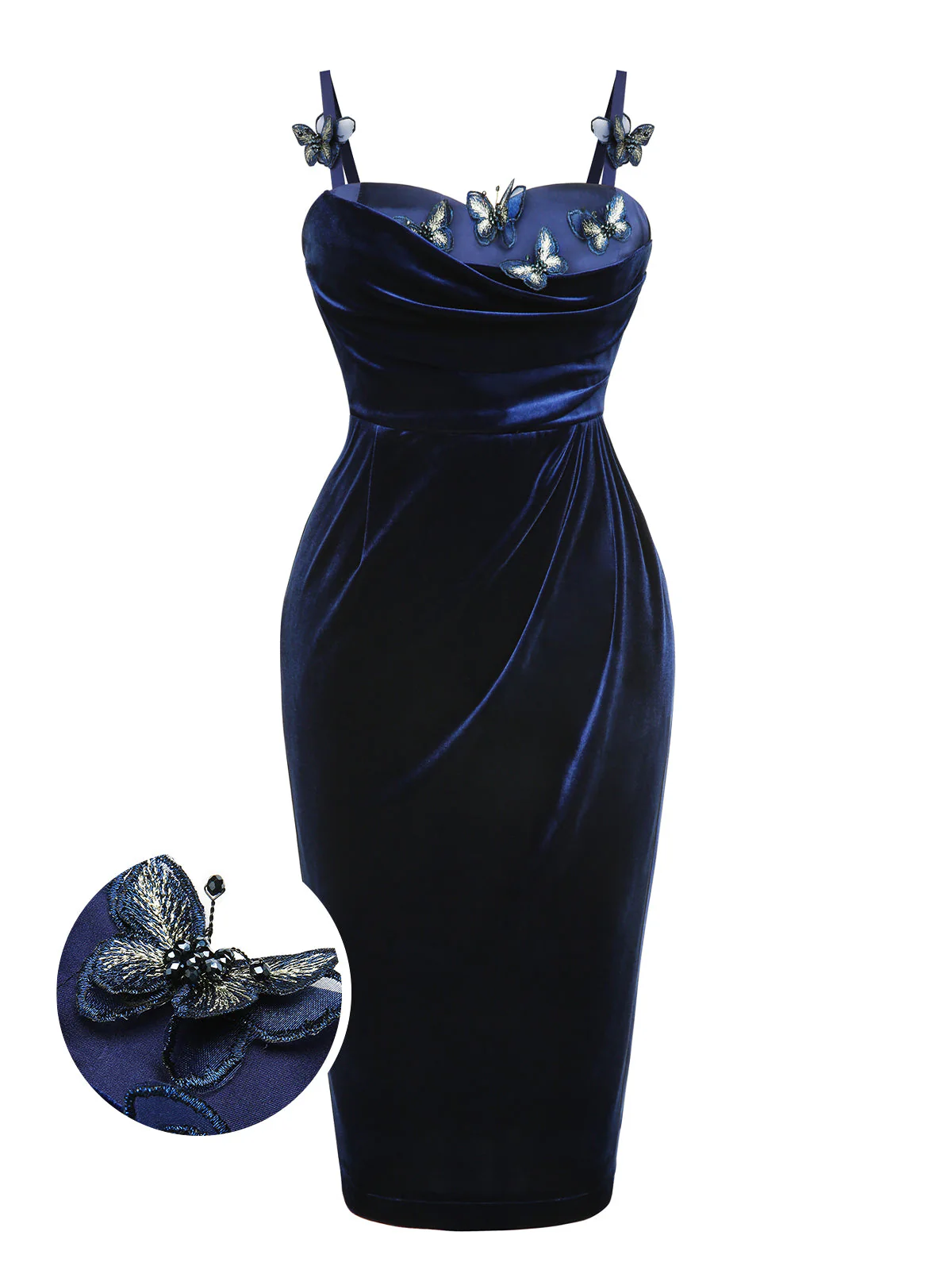 Blue 1960s 3D Butterfly Velvet Pencil Dress - Image 4