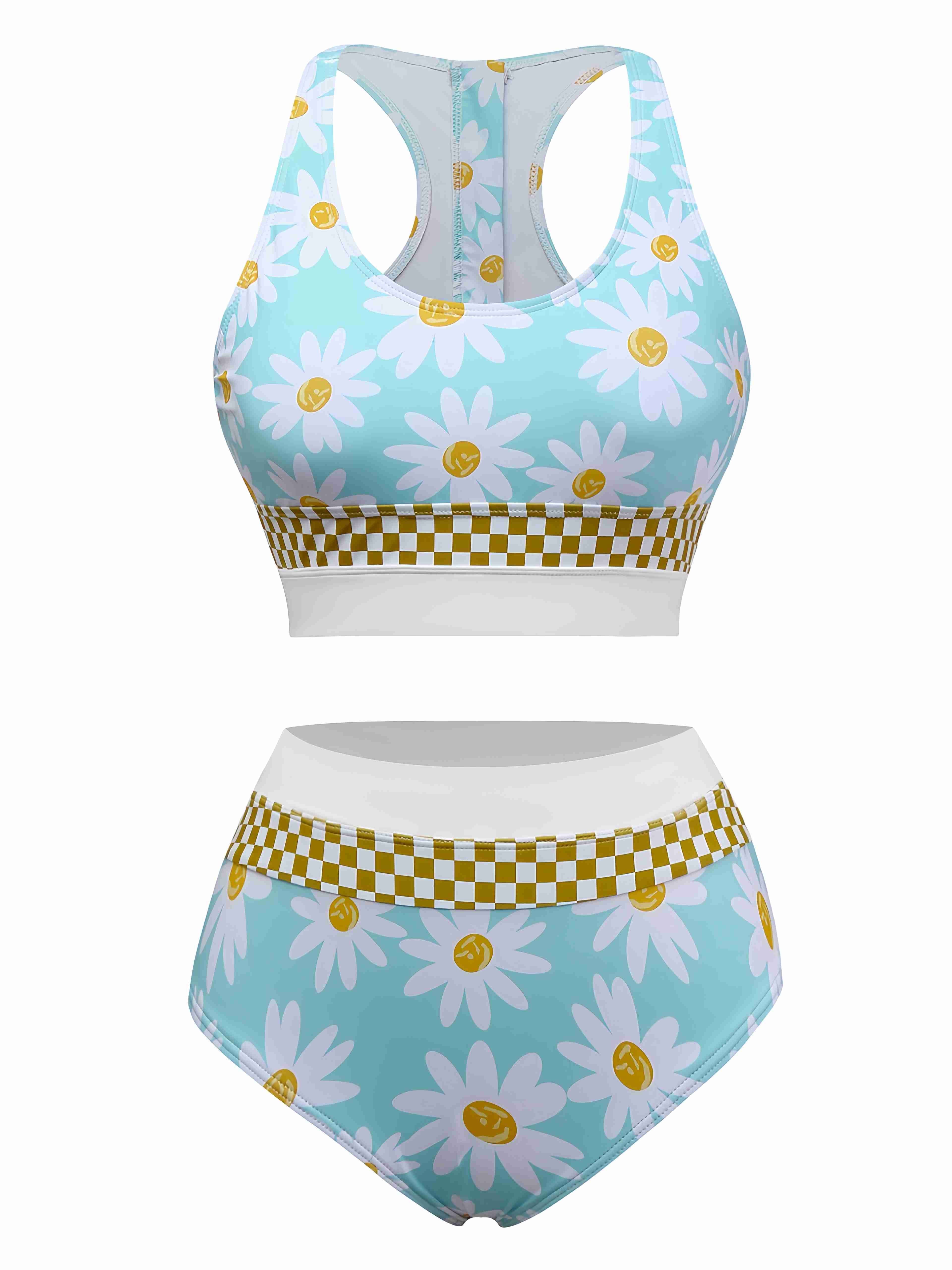 Blue 1960s Daisy Print Check Tankini Set