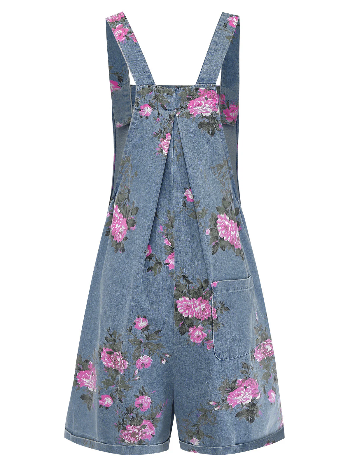 Blue 1960s Denim Floral Pocket Wide Strap Romper - Image 3