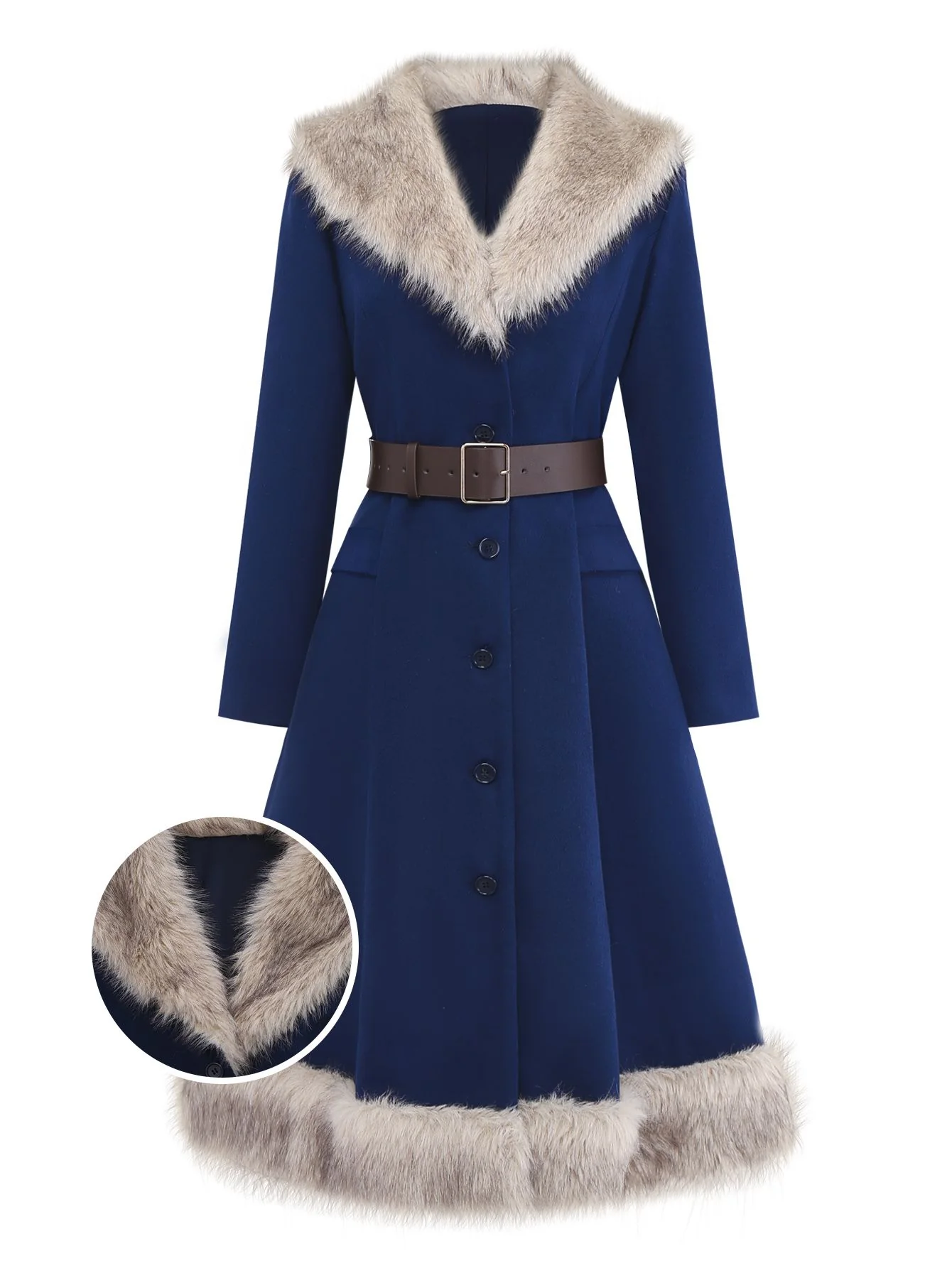 Blue 1960s Faux Fur-Lined Belted Coat