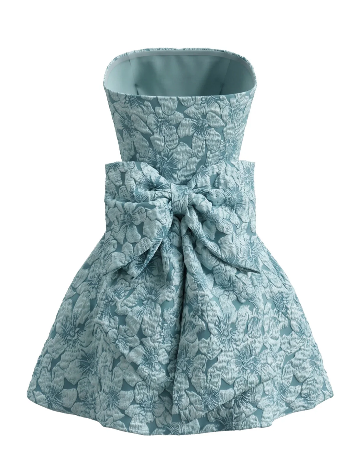 Blue 1960s Floral Jacquard Strapless Back Bow Mini Dress - Image 3