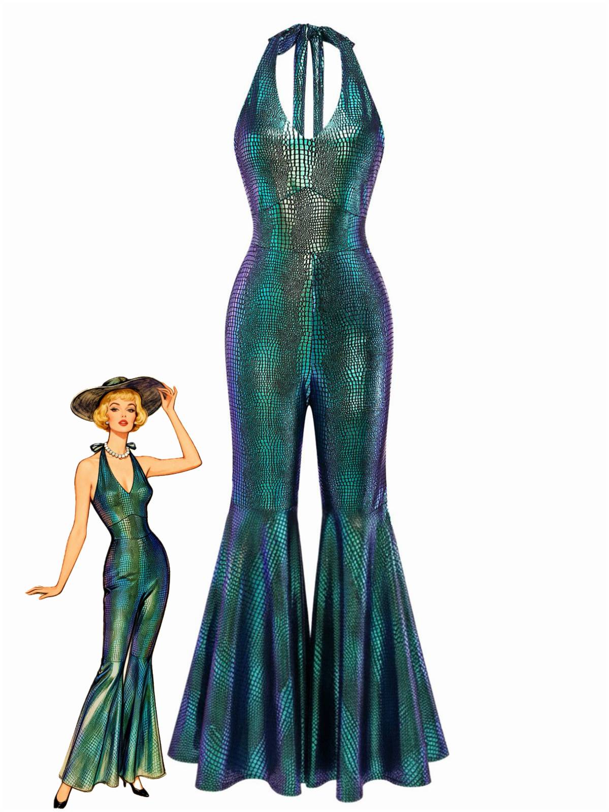 Blue 1960s Halter Metallic Iridescent Flared Jumpsuit