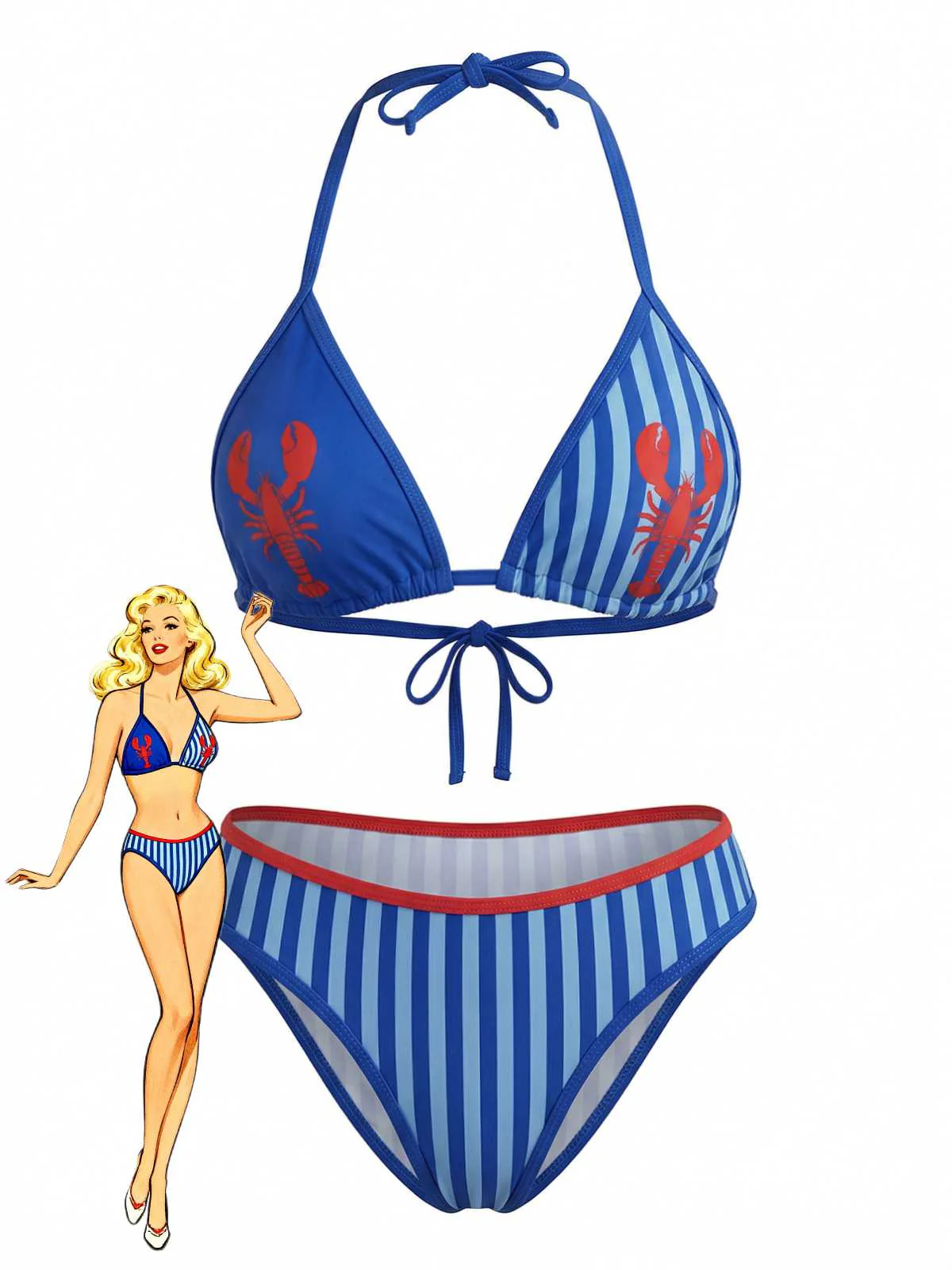 Blue 1960s Lobster Print Striped Triangle Bikini Set