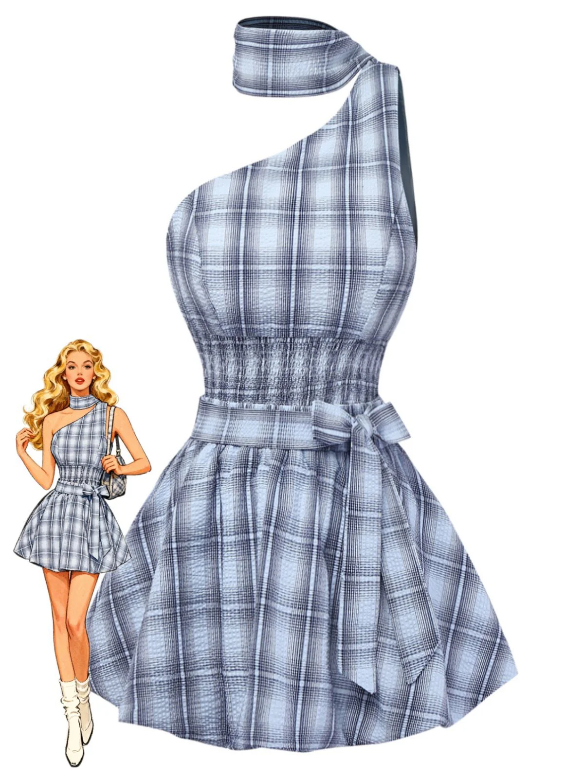2pcs Blue 1960s One-Shoulder Plaid Top & Ruched Waist Skirt