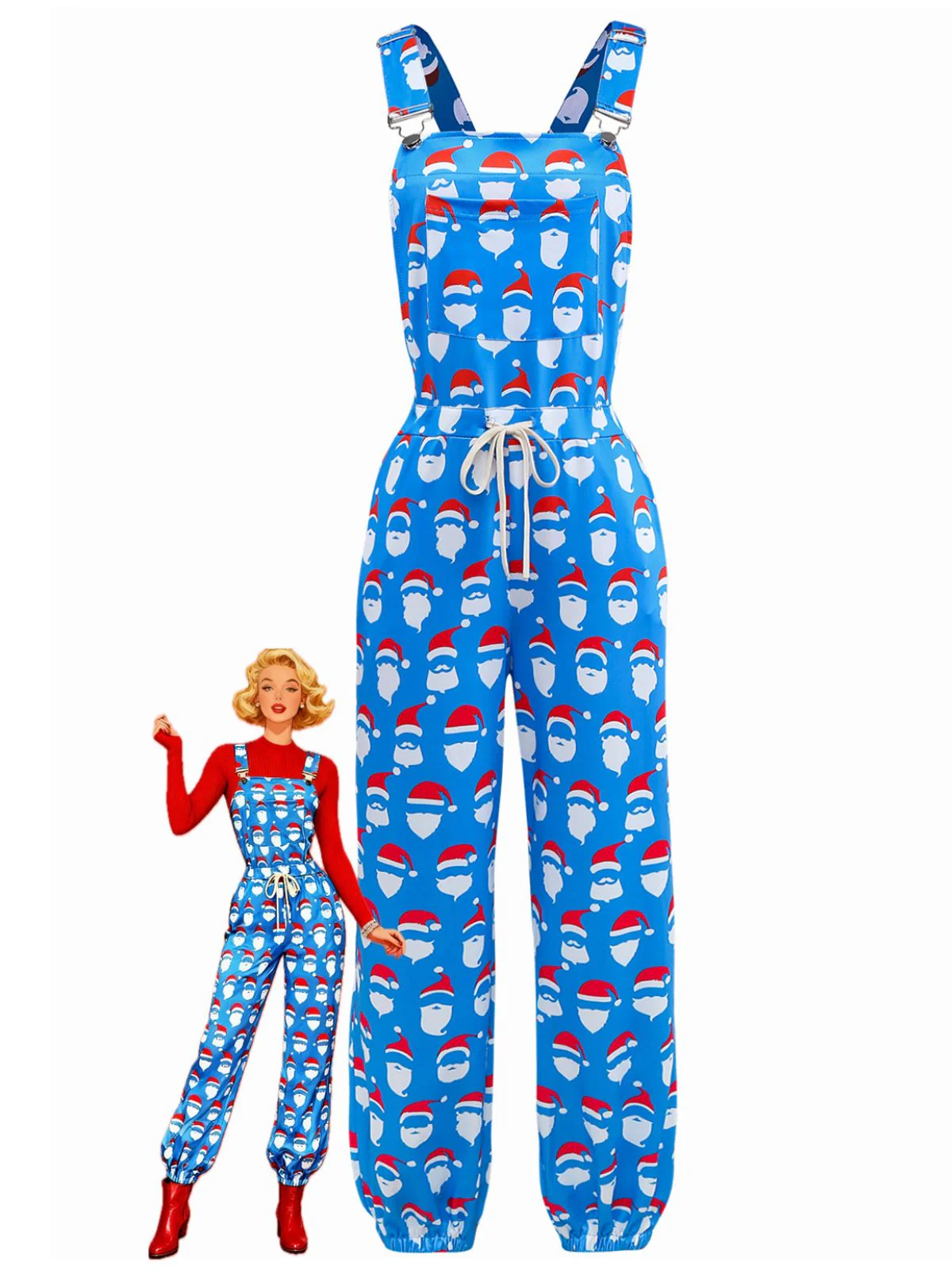 Blue 1960s Santa Claus Print Overalls Jumpsuit