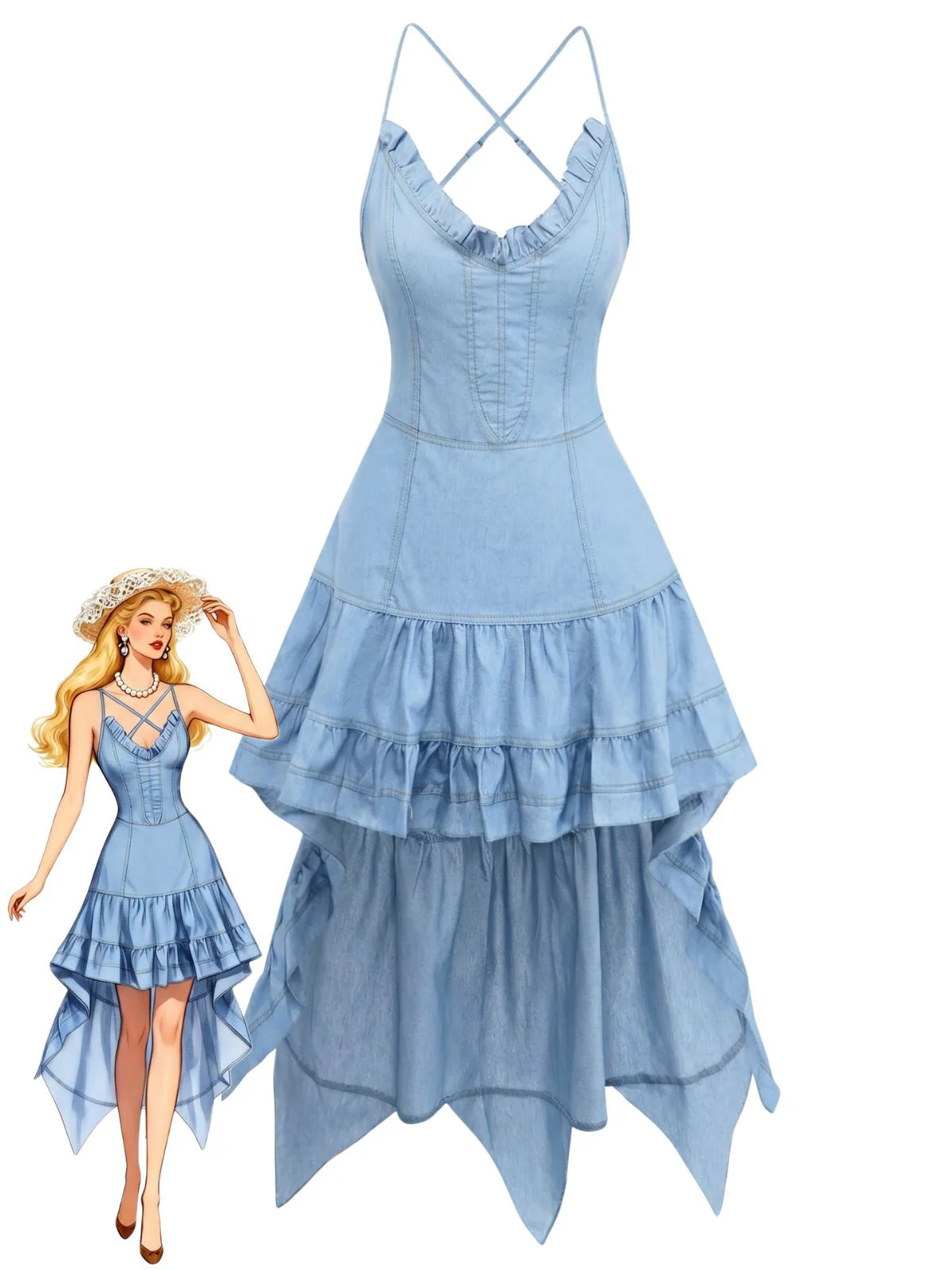 Blue 1960s Spaghetti Strap Denim High-Low Dress