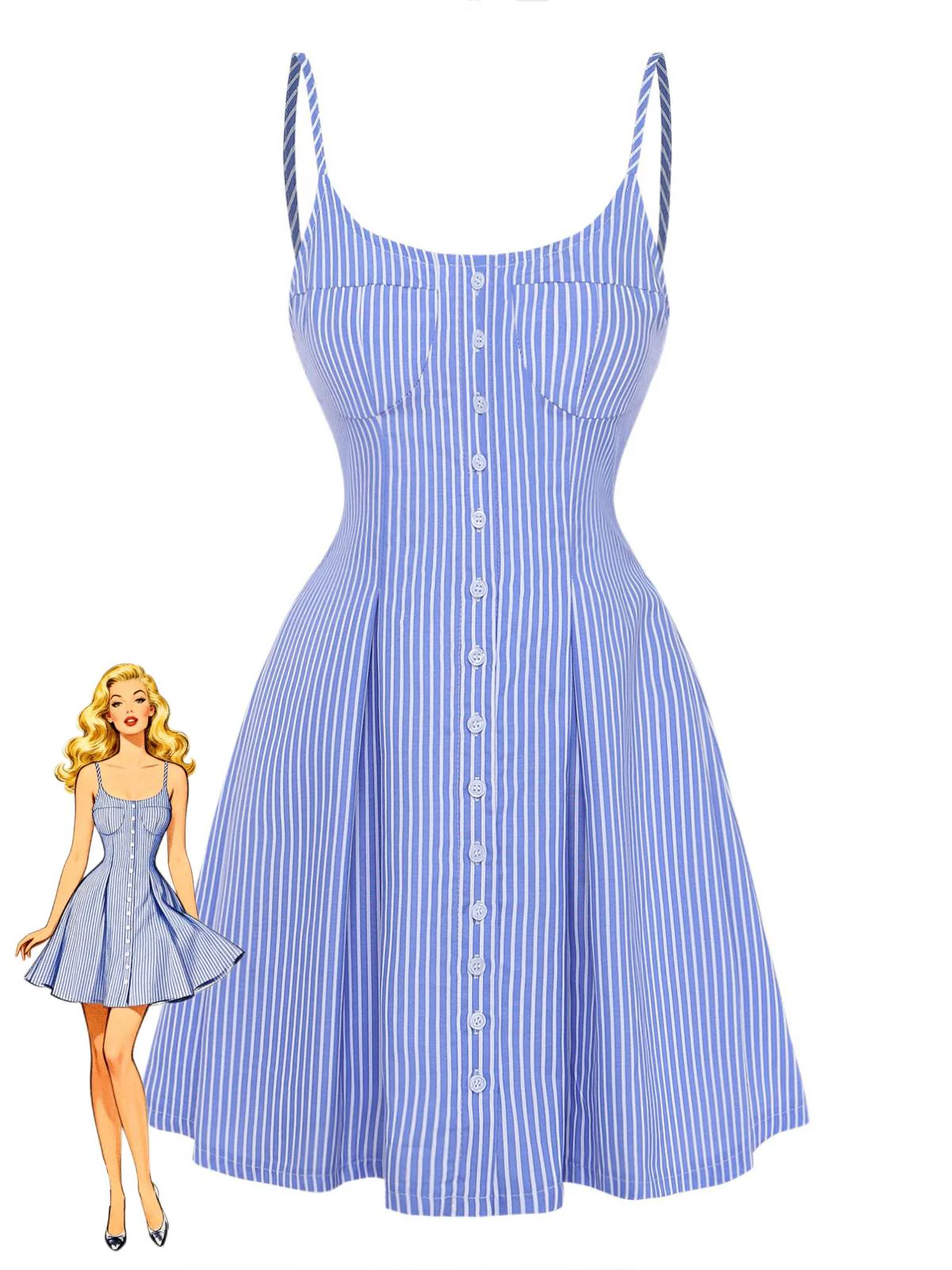 Blue 1960s Striped Buttons Spaghetti Strap A-Line Dress