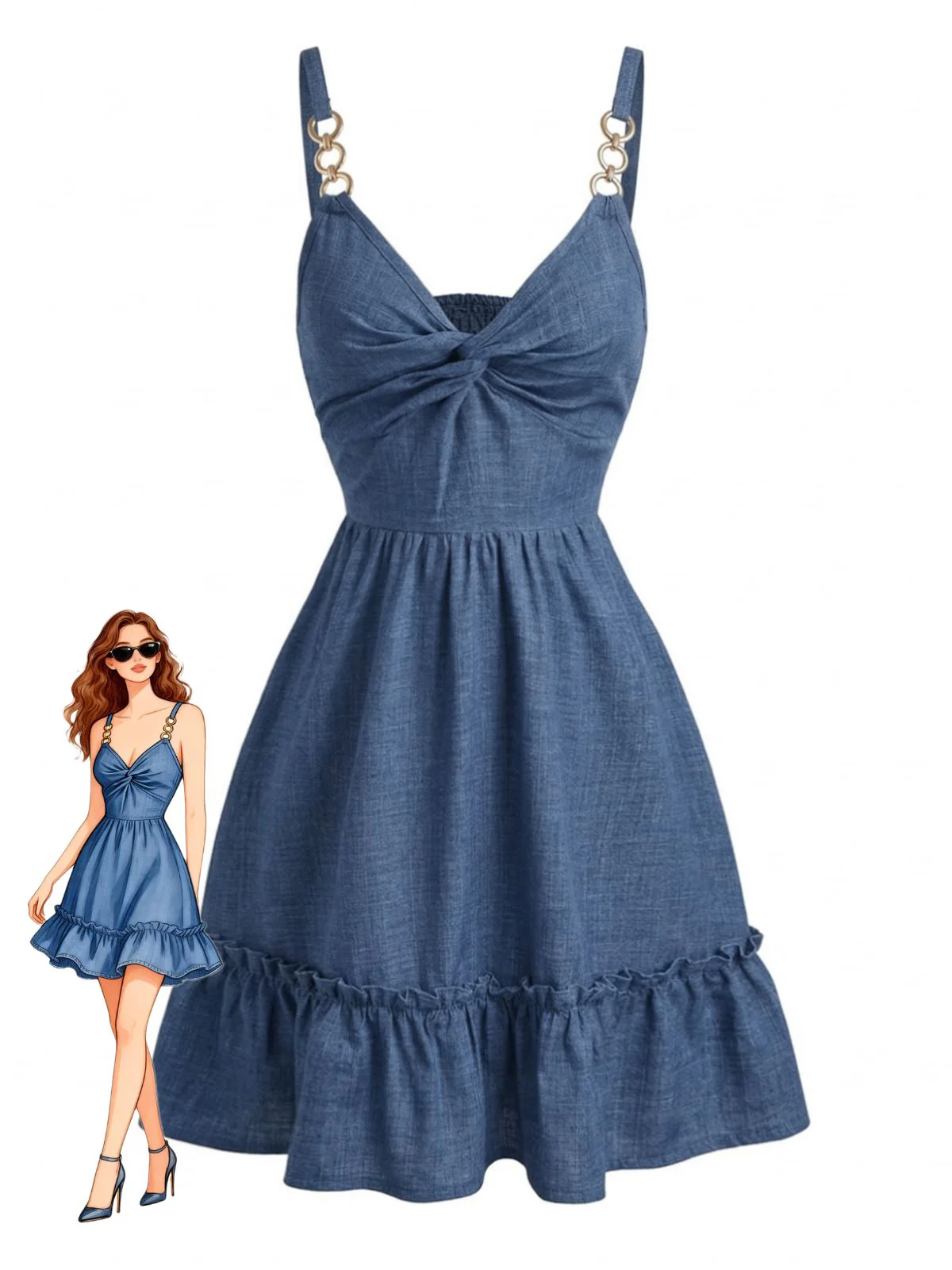 Blue 1960s Twist Knot Spaghetti Strap Ruffled Dress