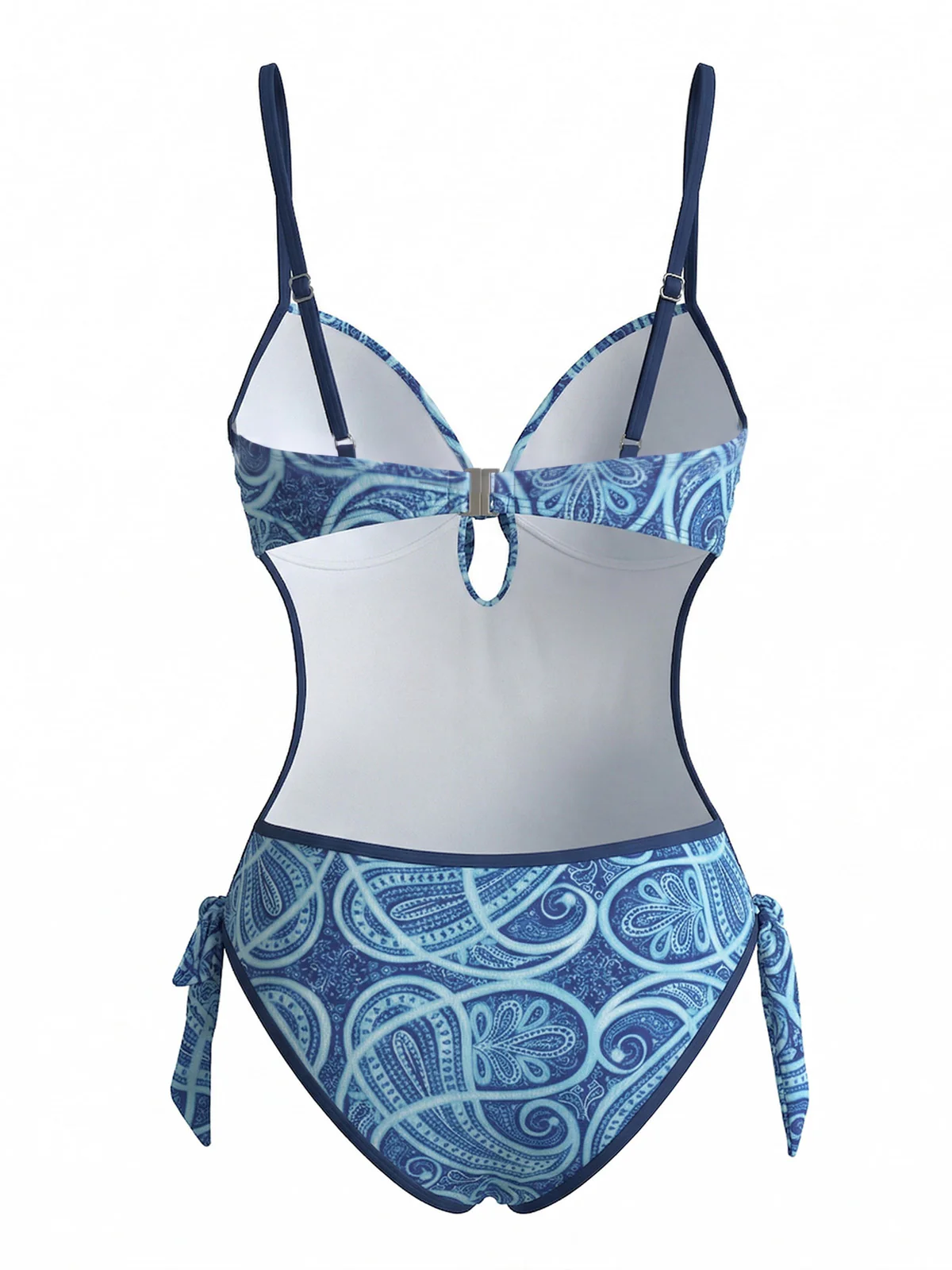 Blue 1970s Boho Paisley Print Cutout One-Piece Swimsuit - Image 3
