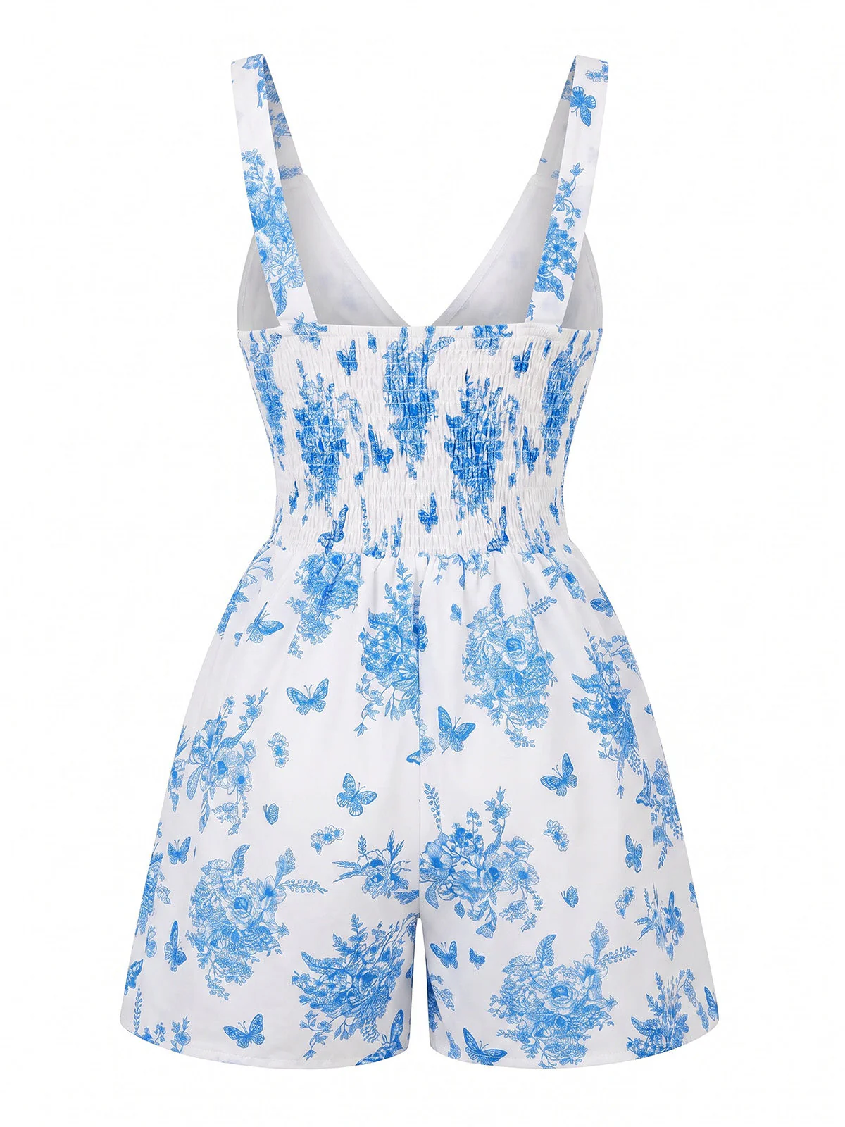 Blue 1970s Floral Hollow V-Neck Smocked Romper - Image 3