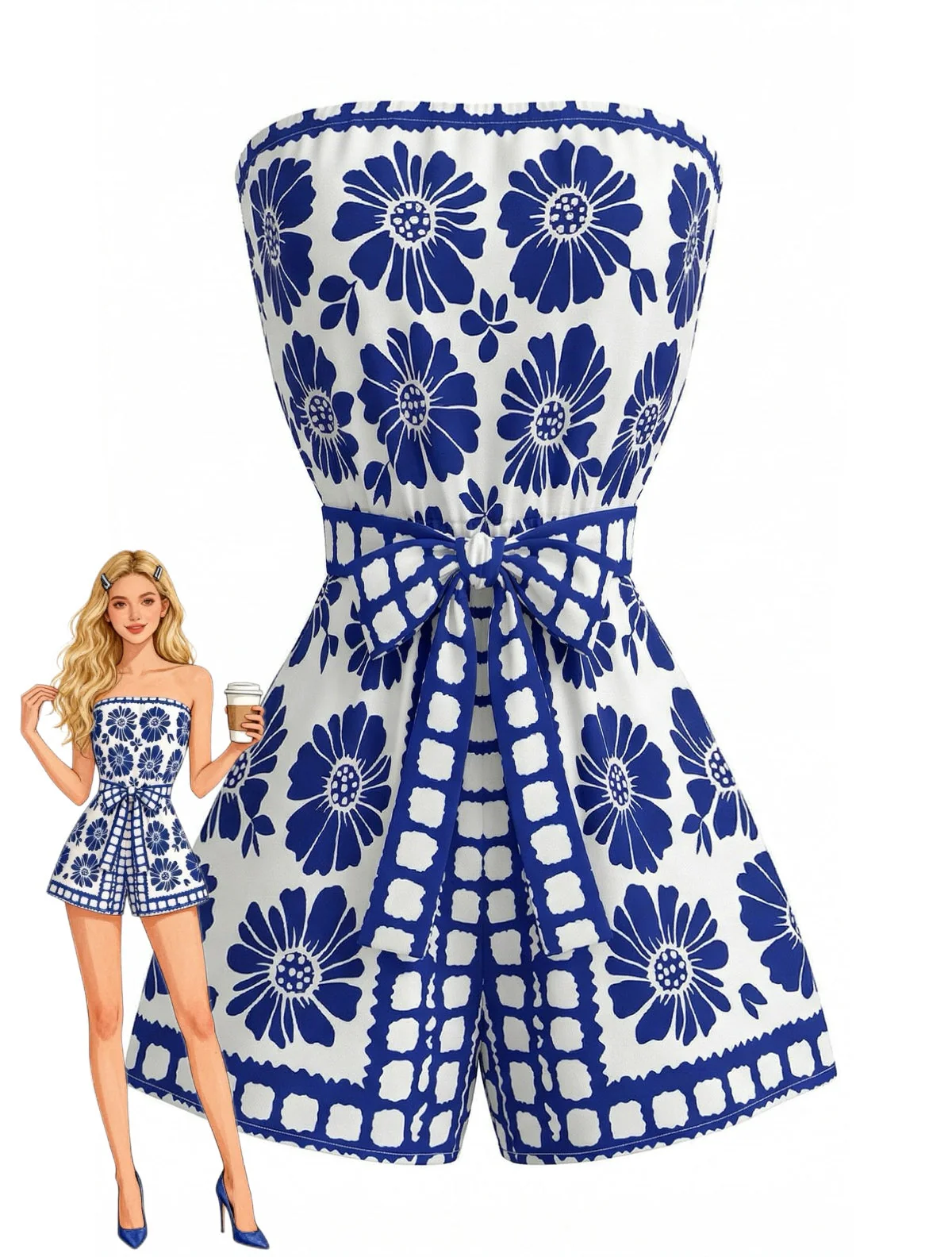 Blue 1970s Floral Strapless Belted Romper