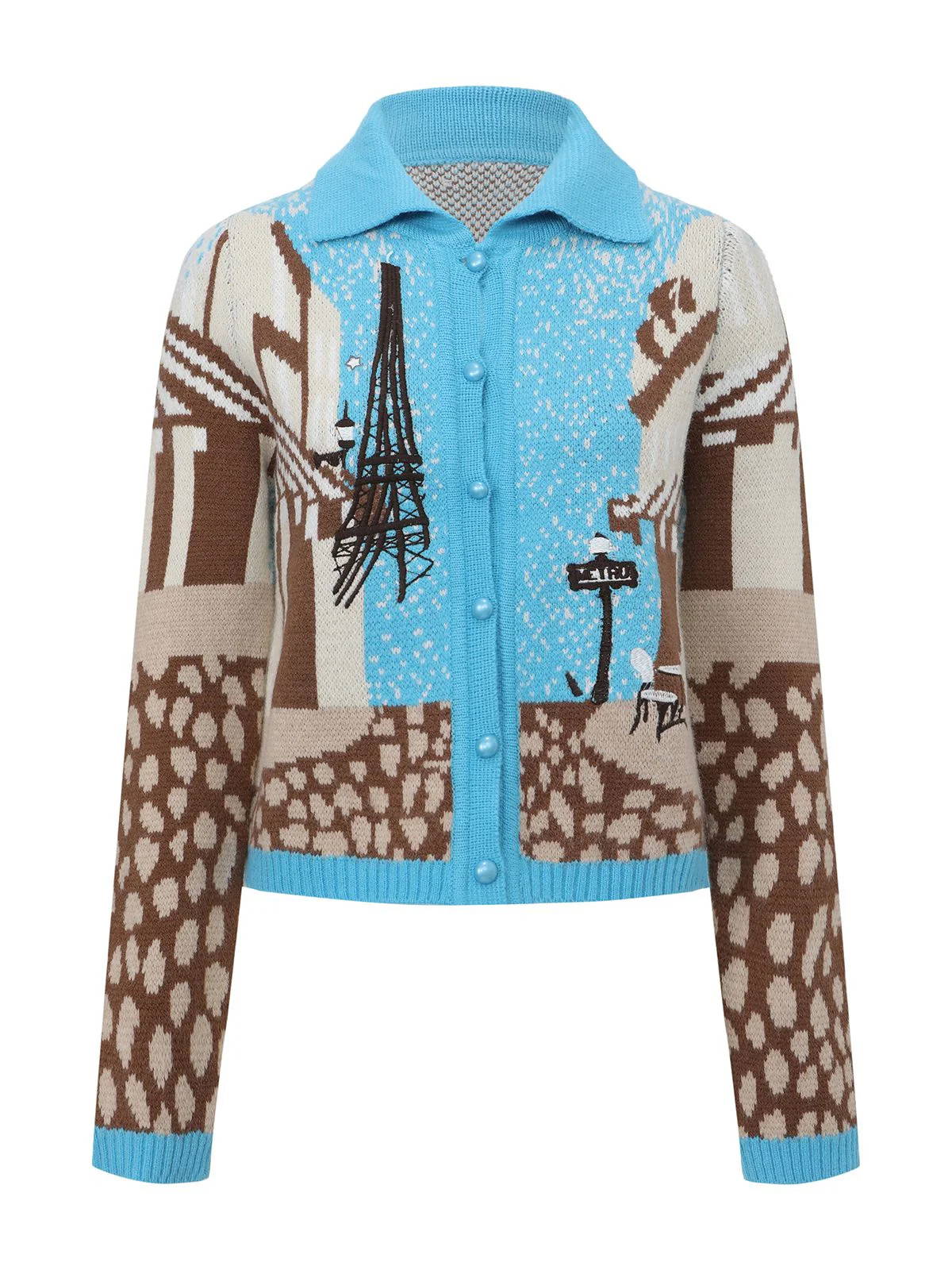 Blue 1970s Landscape Print Lapel Knit Cardigan Sweater