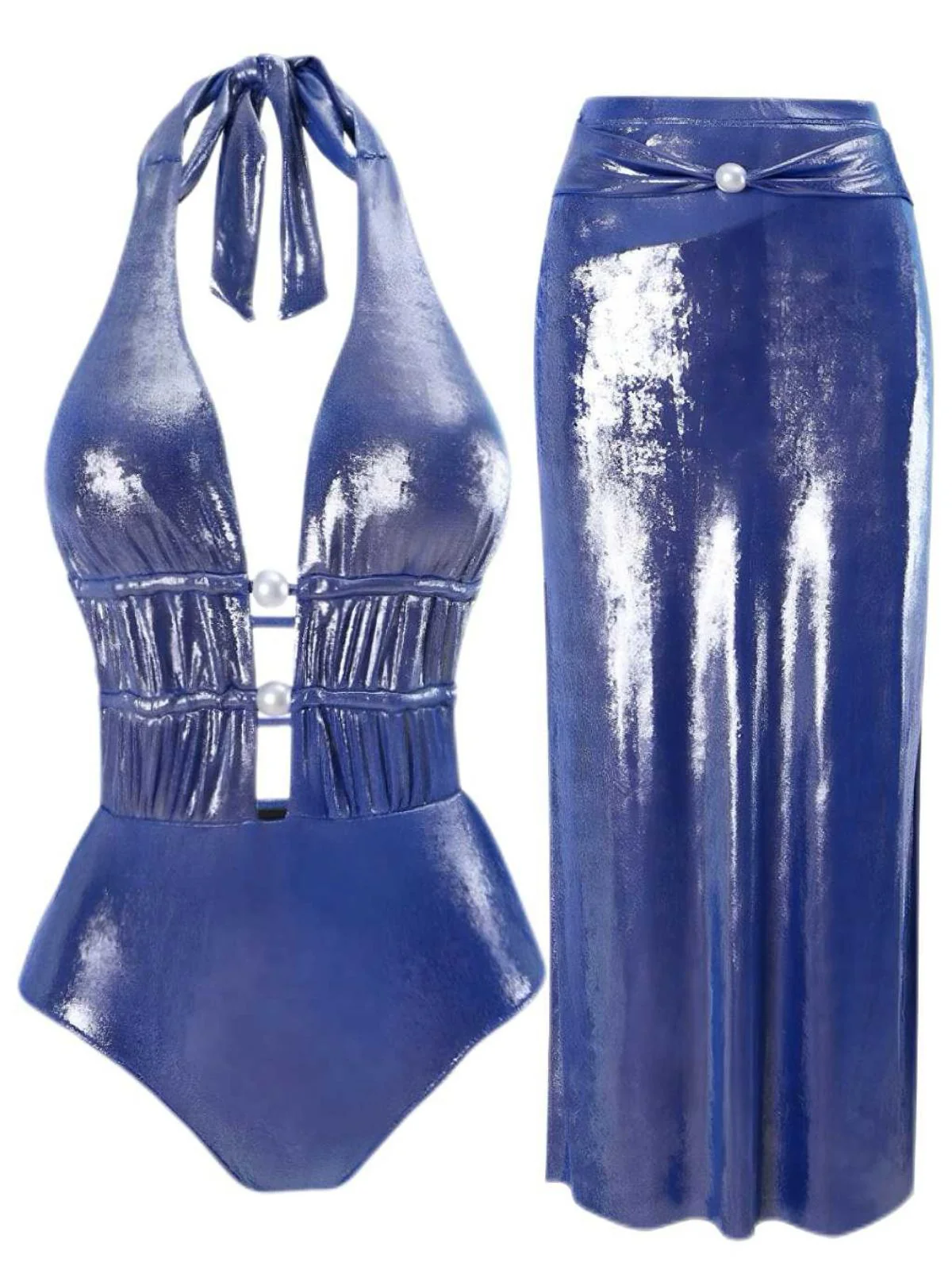 Blue 1970s Pearl Shimmery Halter Swimsuit & Cover-Up