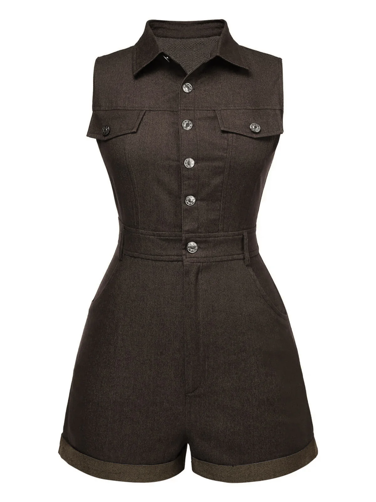 Brown 1970s Solid Sleeveless Denim Romper
