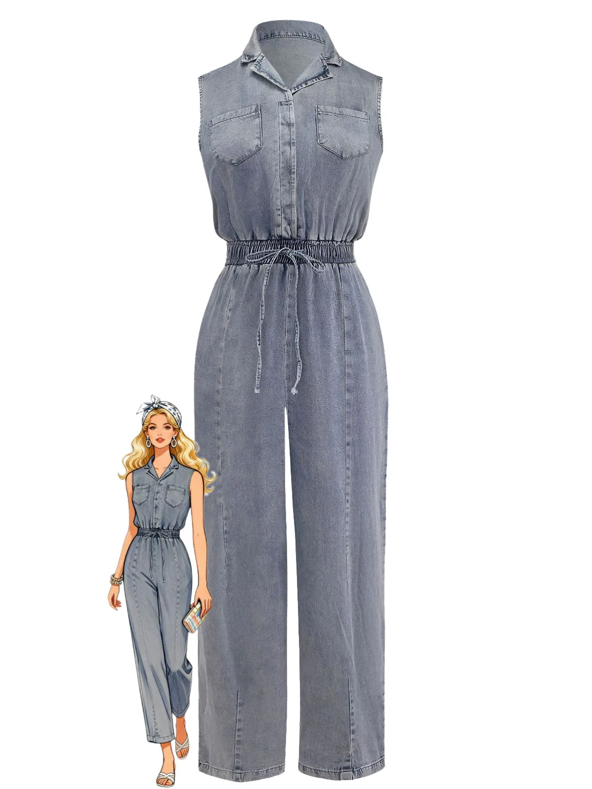 Blue 1970s Western Denim Belted Jumpsuit