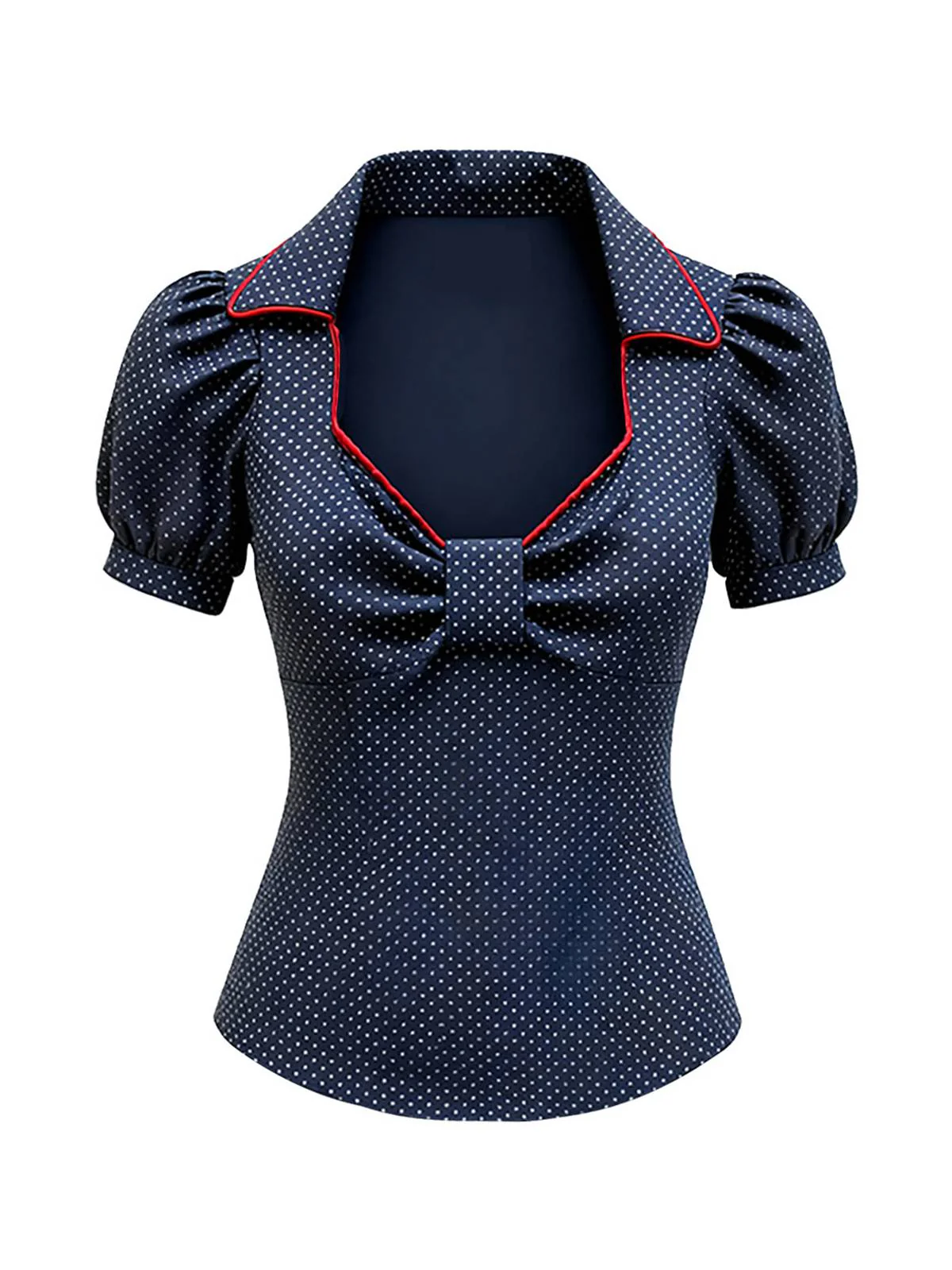 Blue 1980s Cotton Polka Dot Bow Diamond Neck Blouse