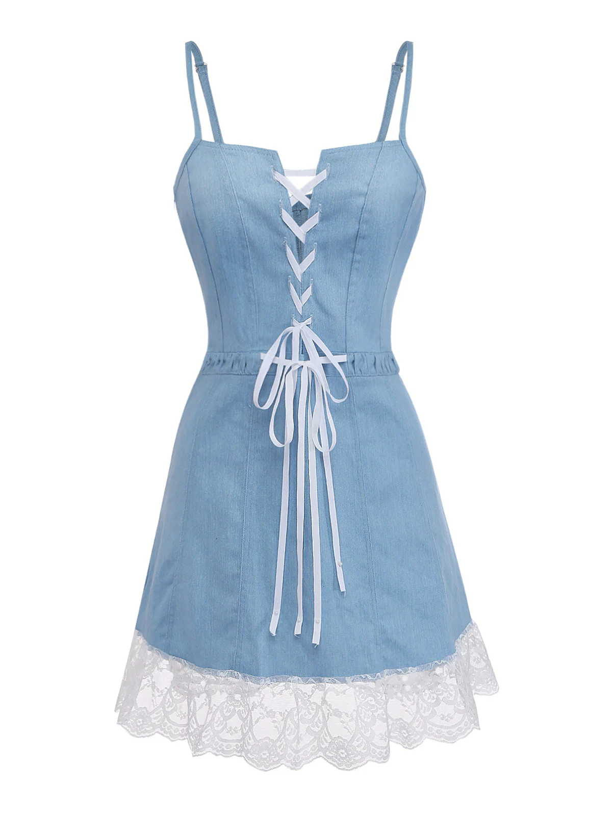 Blue 1980s Denim Spaghetti Strap Lace Hem Corset Dress - Image 2